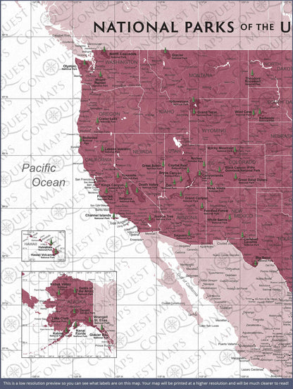 National Parks Map Poster - Burgundy Color Splash CM Poster