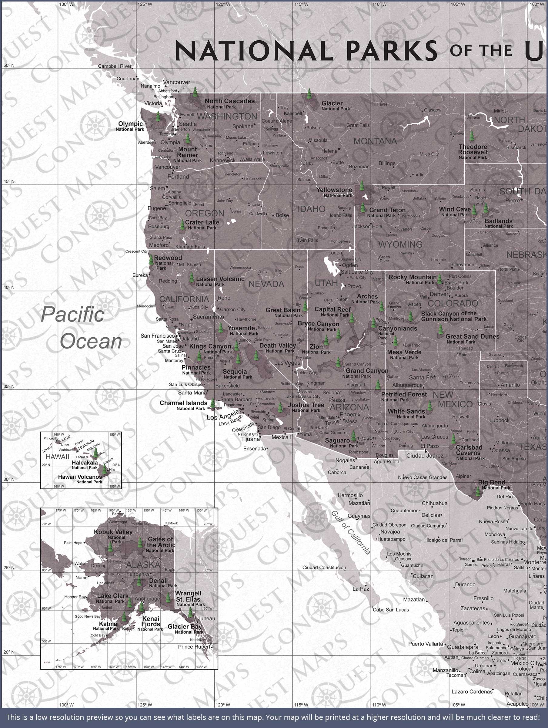 National Parks Map Poster - Dark Brown Color Splash CM Poster