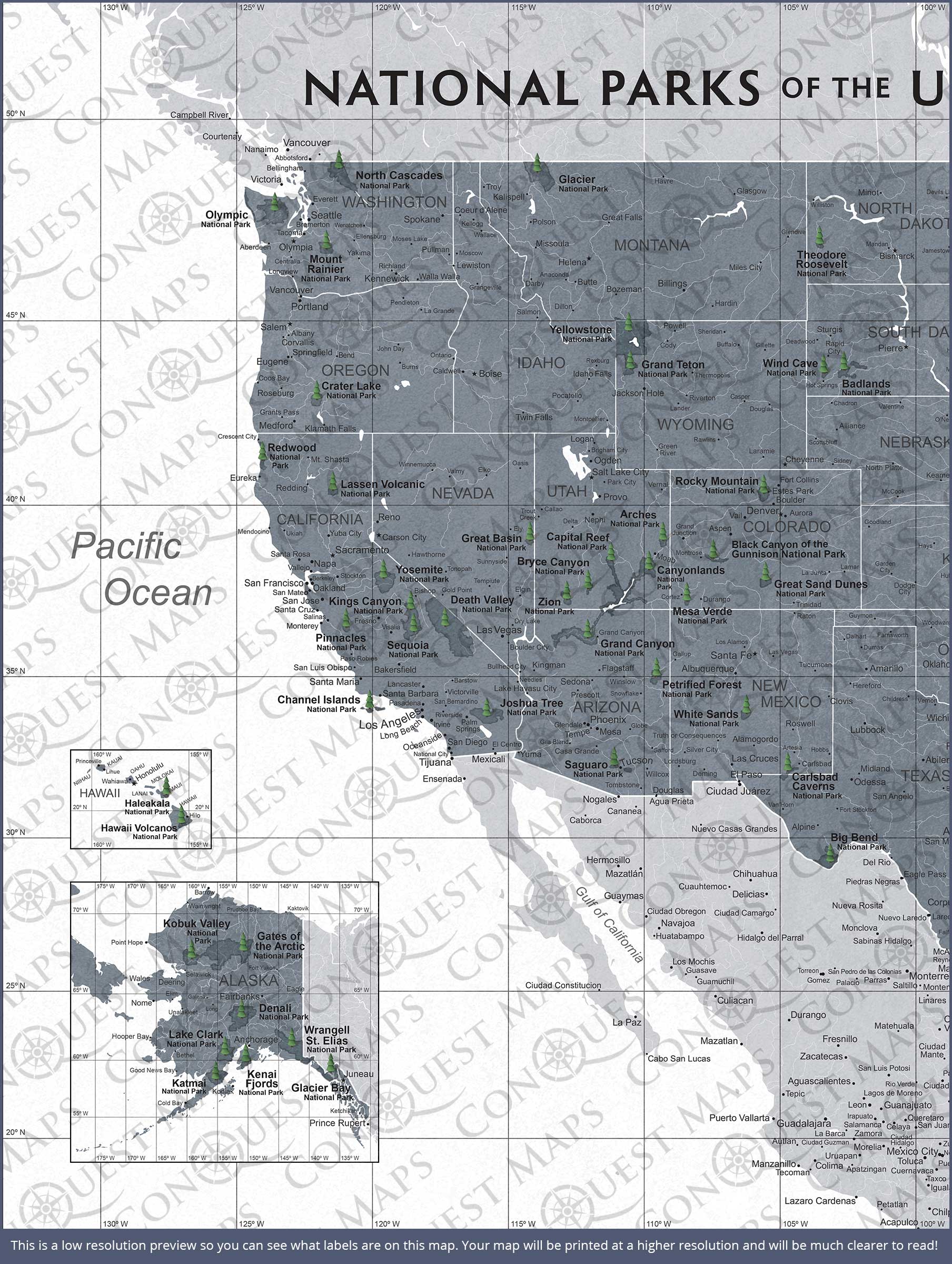 National Parks Map Poster - Dark Gray Color Splash CM Poster