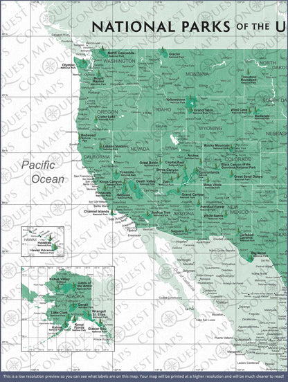 National Parks Map Poster - Green Color Splash CM Poster