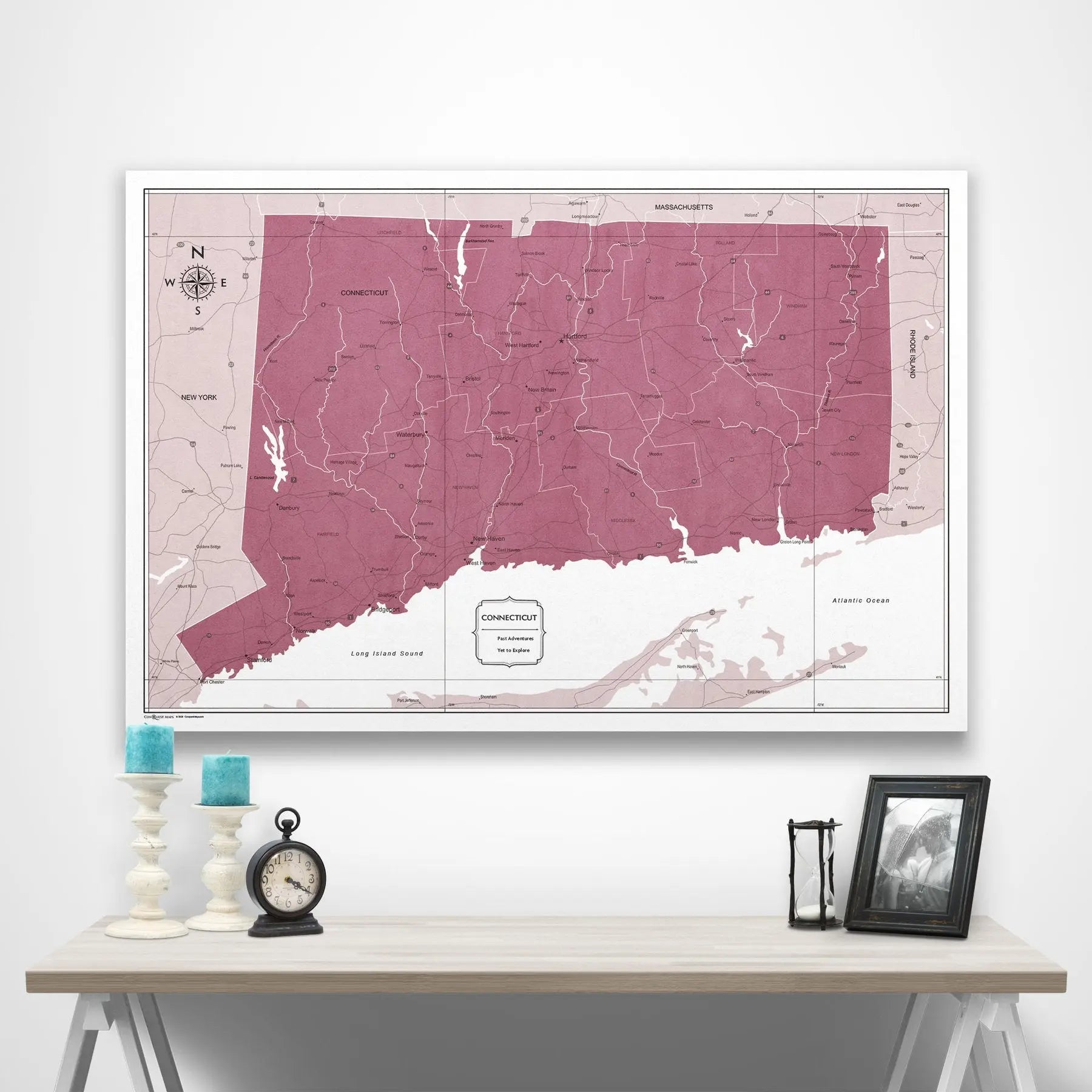 Connecticut Map Poster - Burgundy Color Splash CM Poster