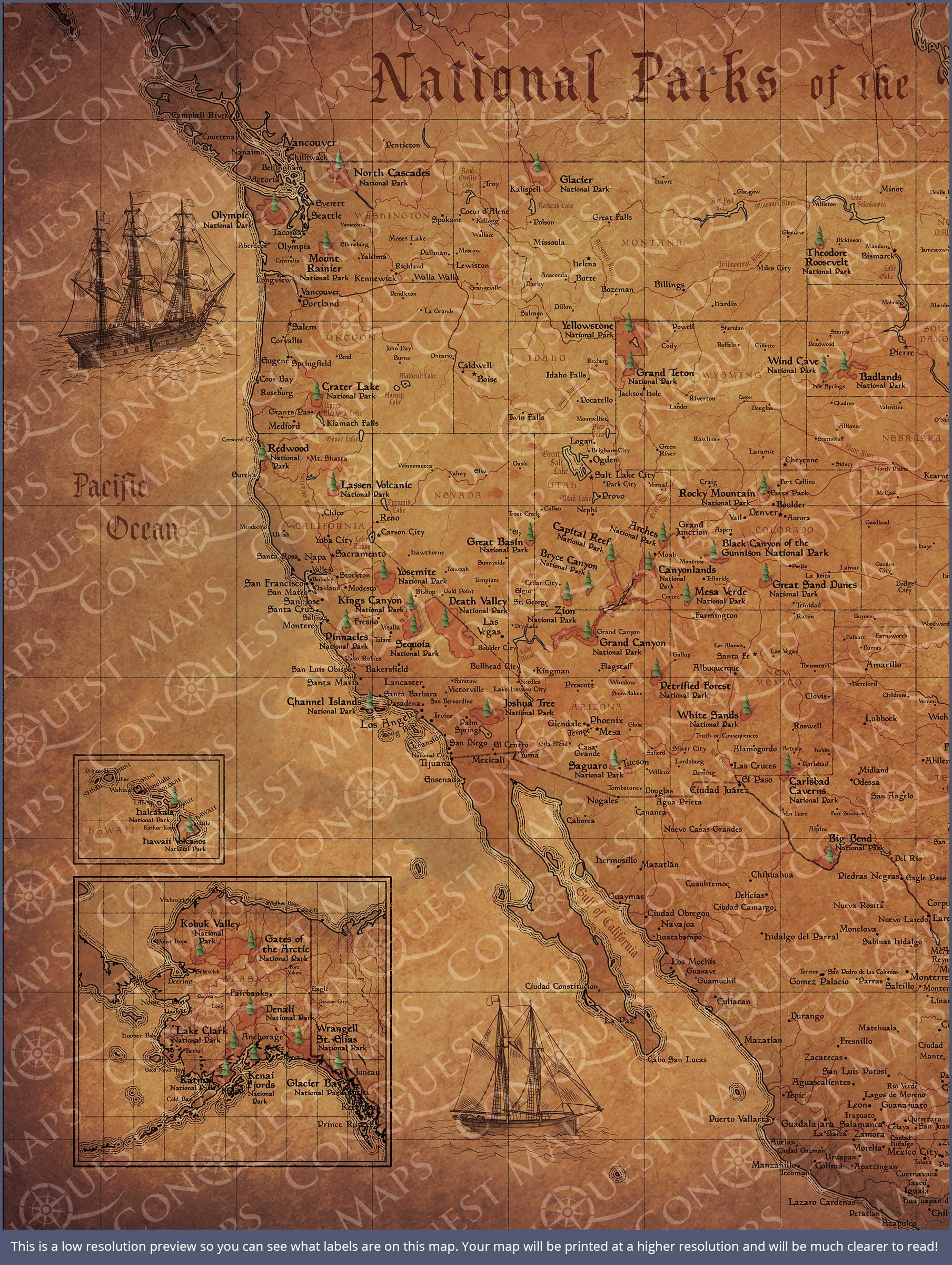 National Parks Map Poster - Golden Aged CM Poster