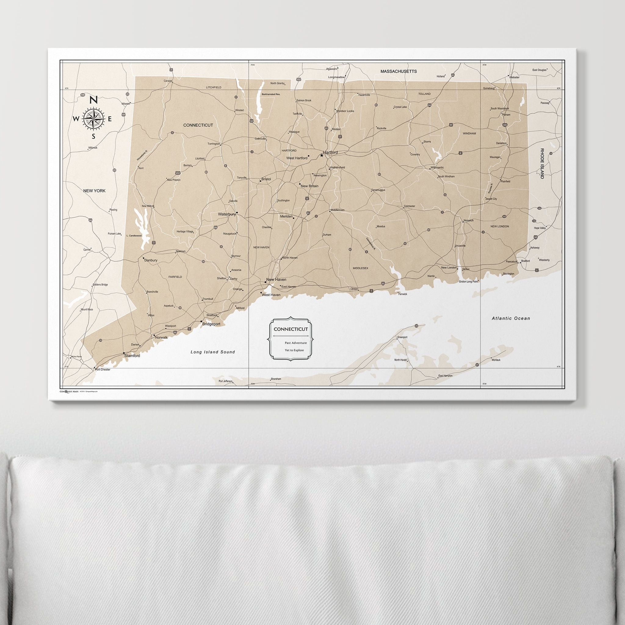 Push Pin Connecticut Map (Pin Board) - Light Brown Color Splash CM Pin Board