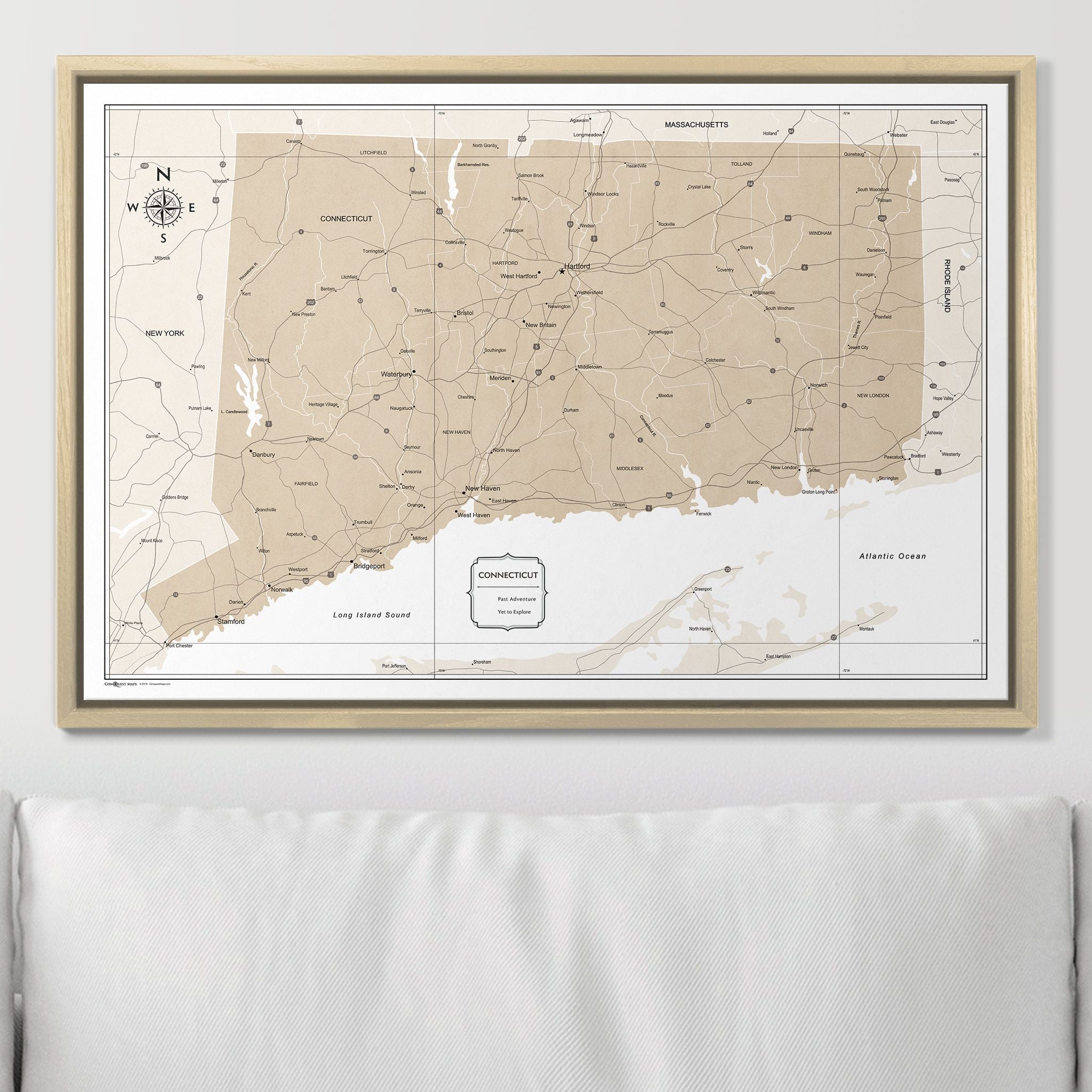 Push Pin Connecticut Map (Pin Board) - Light Brown Color Splash CM Pin Board