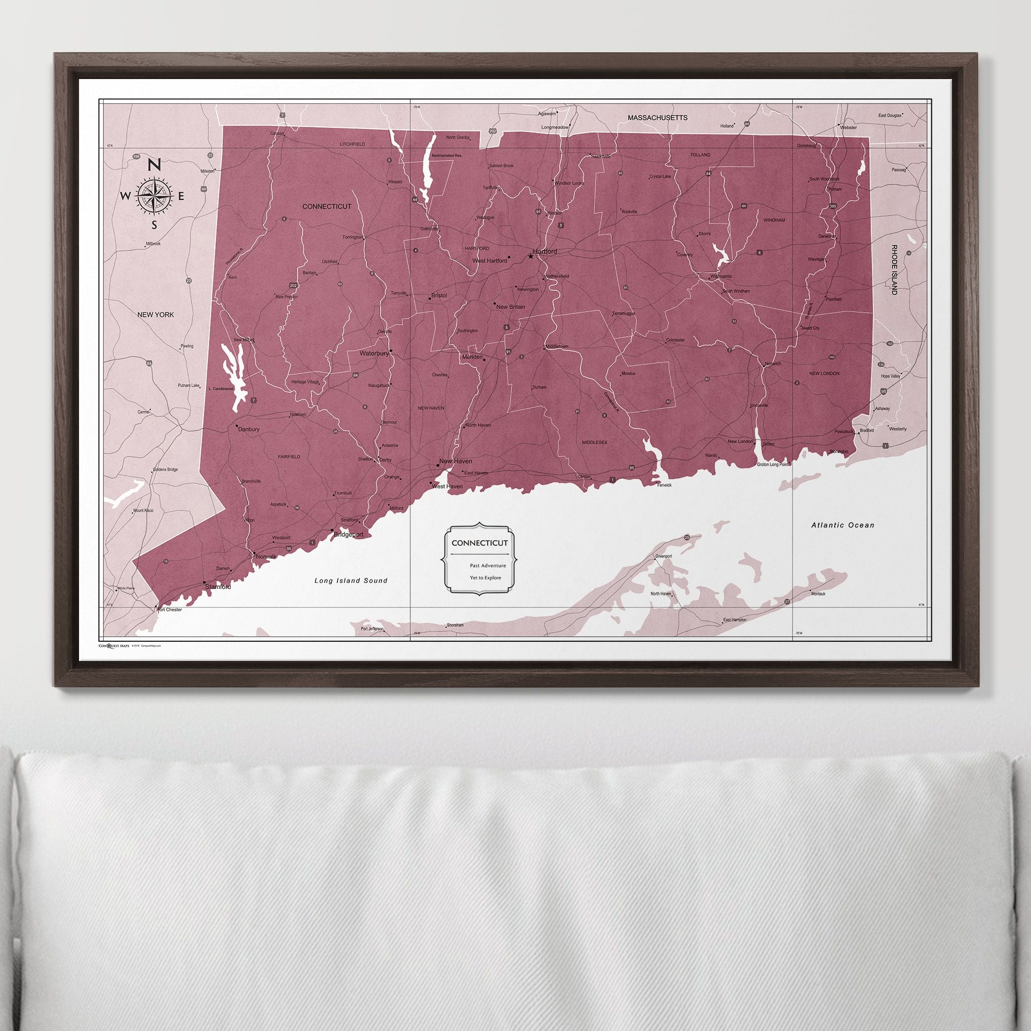 Push Pin Connecticut Map (Pin Board) - Burgundy Color Splash CM Pin Board