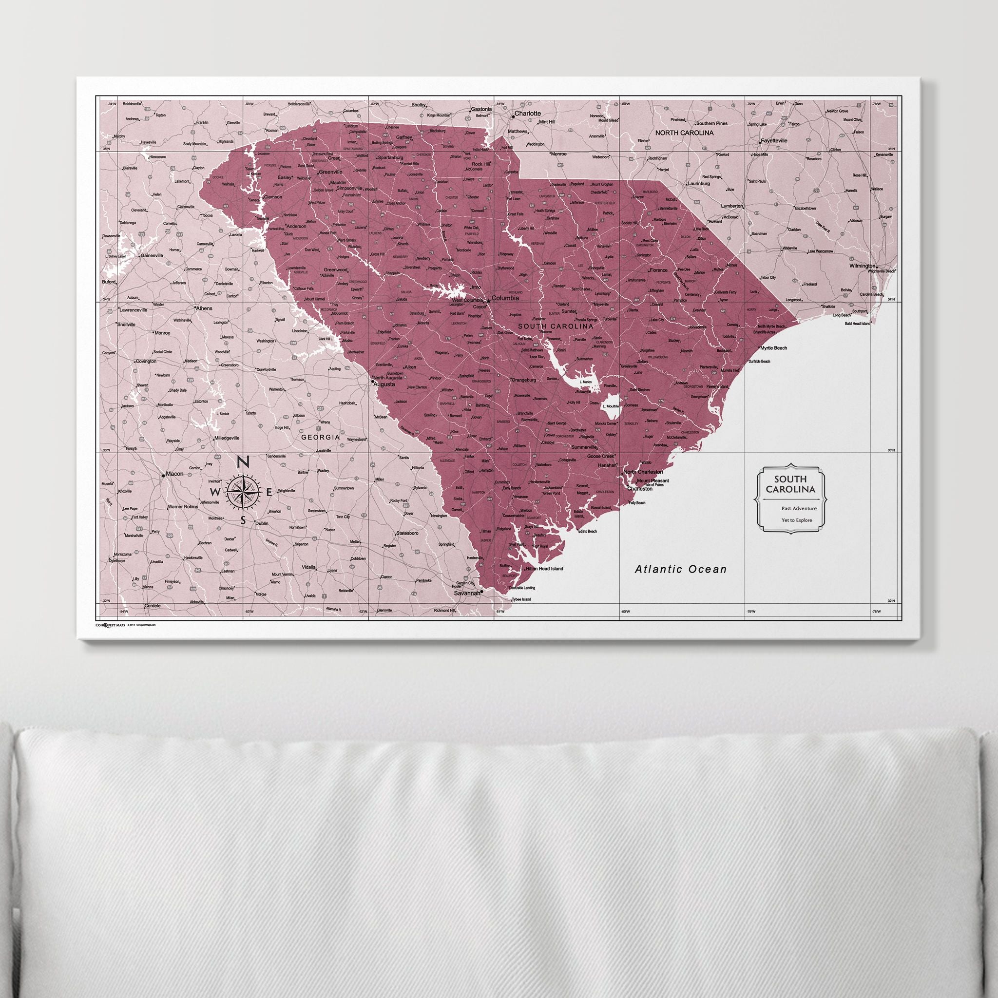 Push Pin South Carolina Map (Pin Board) - Burgundy Color Splash CM Pin Board