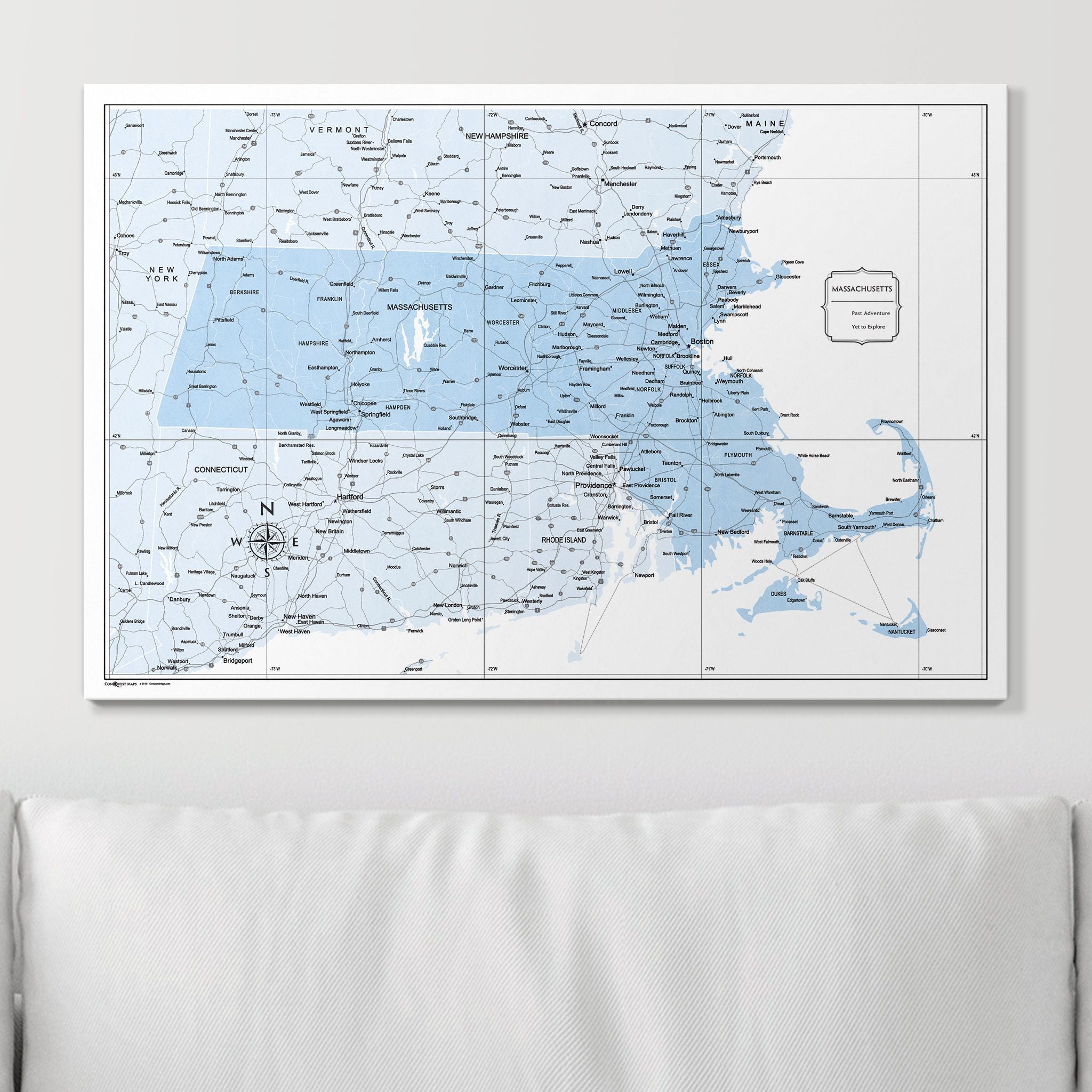 Push Pin Massachusetts Map (Pin Board) - Light Blue Color Splash CM Pin Board