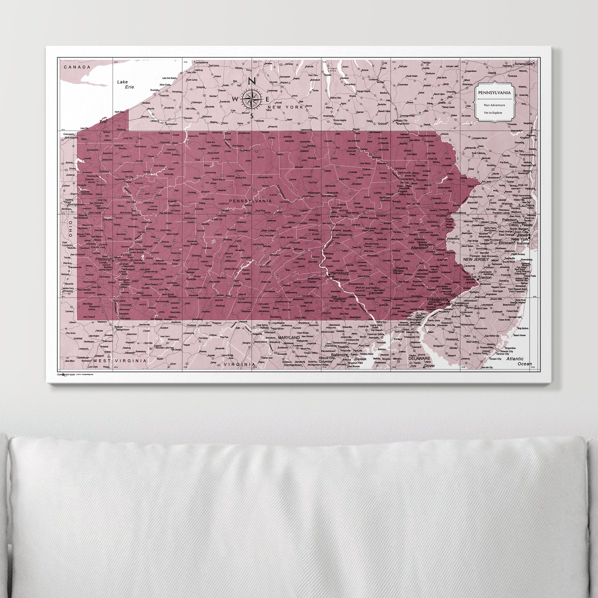 Push Pin Pennsylvania Map (Pin Board) - Burgundy Color Splash CM Pin Board