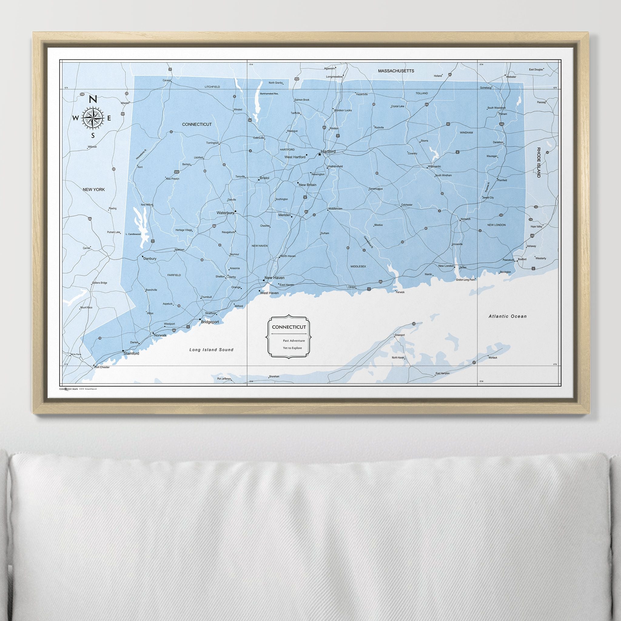 Push Pin Connecticut Map (Pin Board) - Light Blue Color Splash CM Pin Board