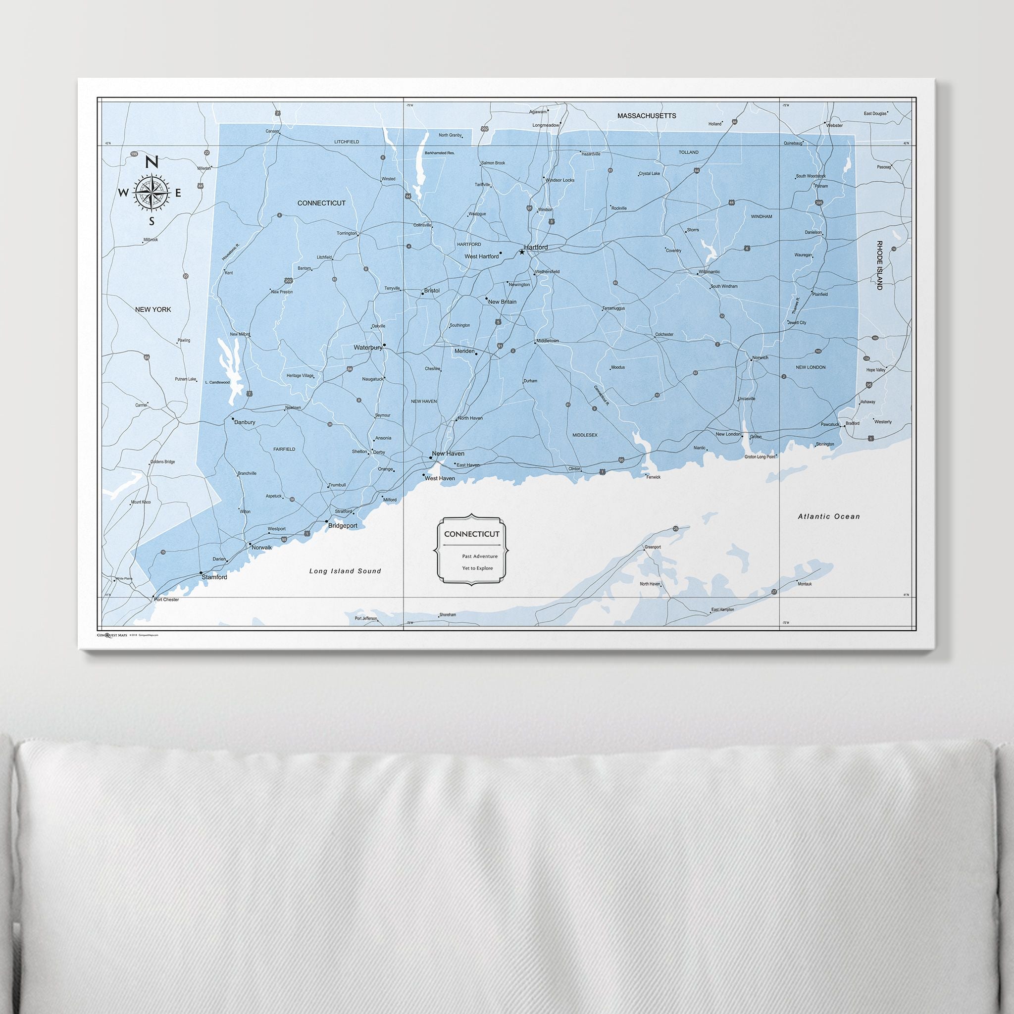 Push Pin Connecticut Map (Pin Board) - Light Blue Color Splash CM Pin Board