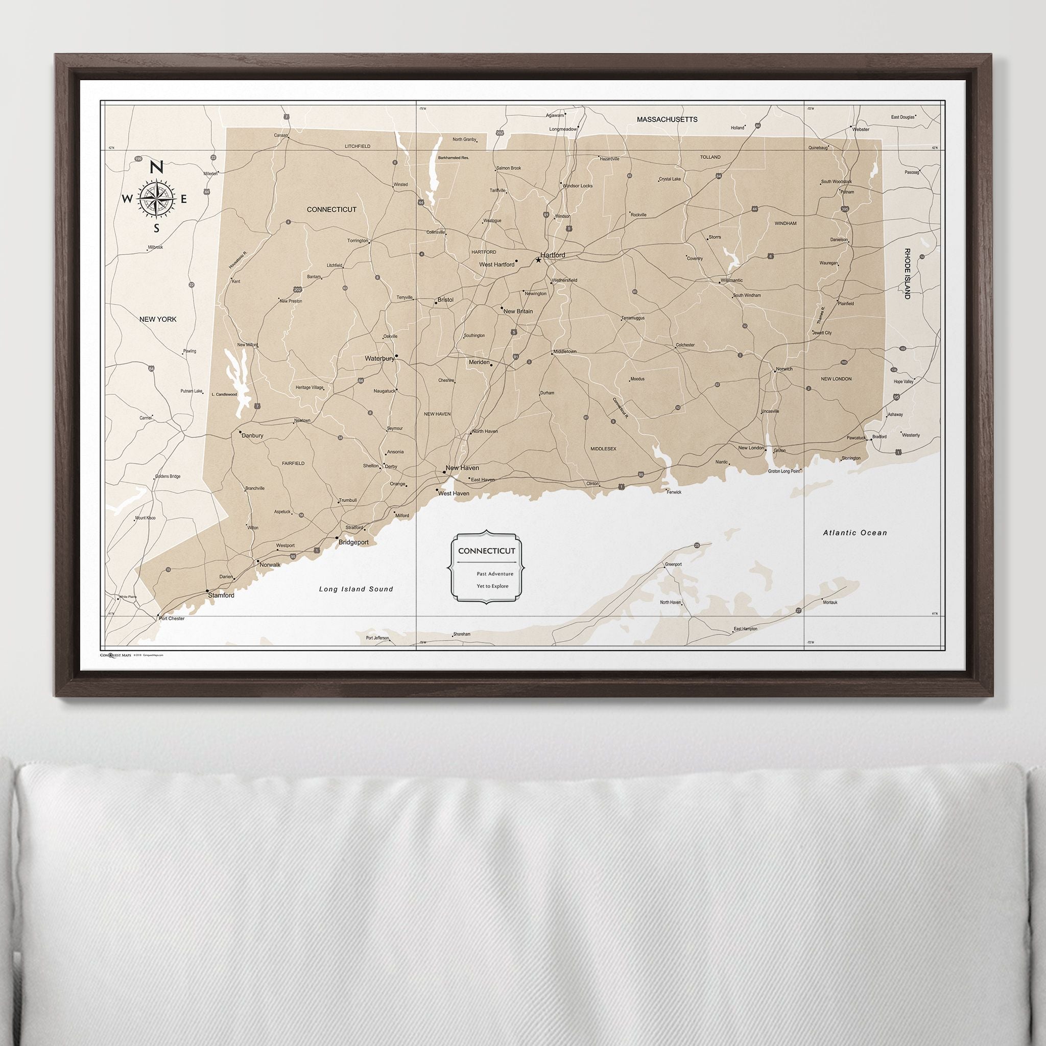 Push Pin Connecticut Map (Pin Board) - Light Brown Color Splash CM Pin Board