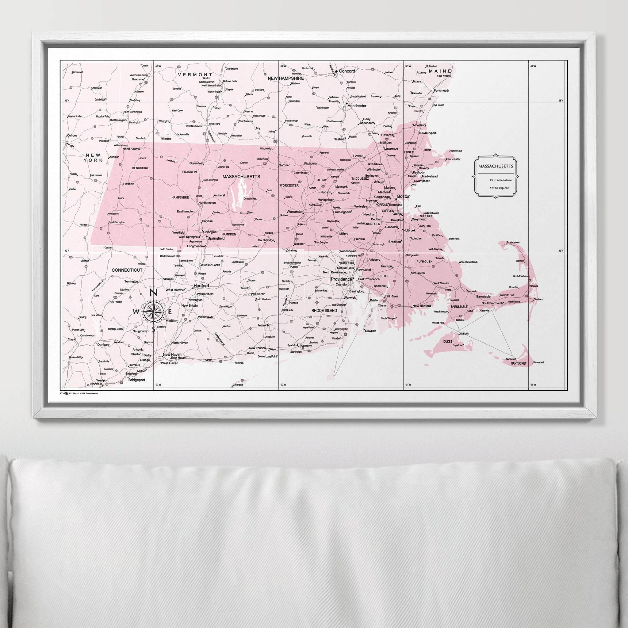 Push Pin Massachusetts Map (Pin Board) - Pink Color Splash CM Pin Board