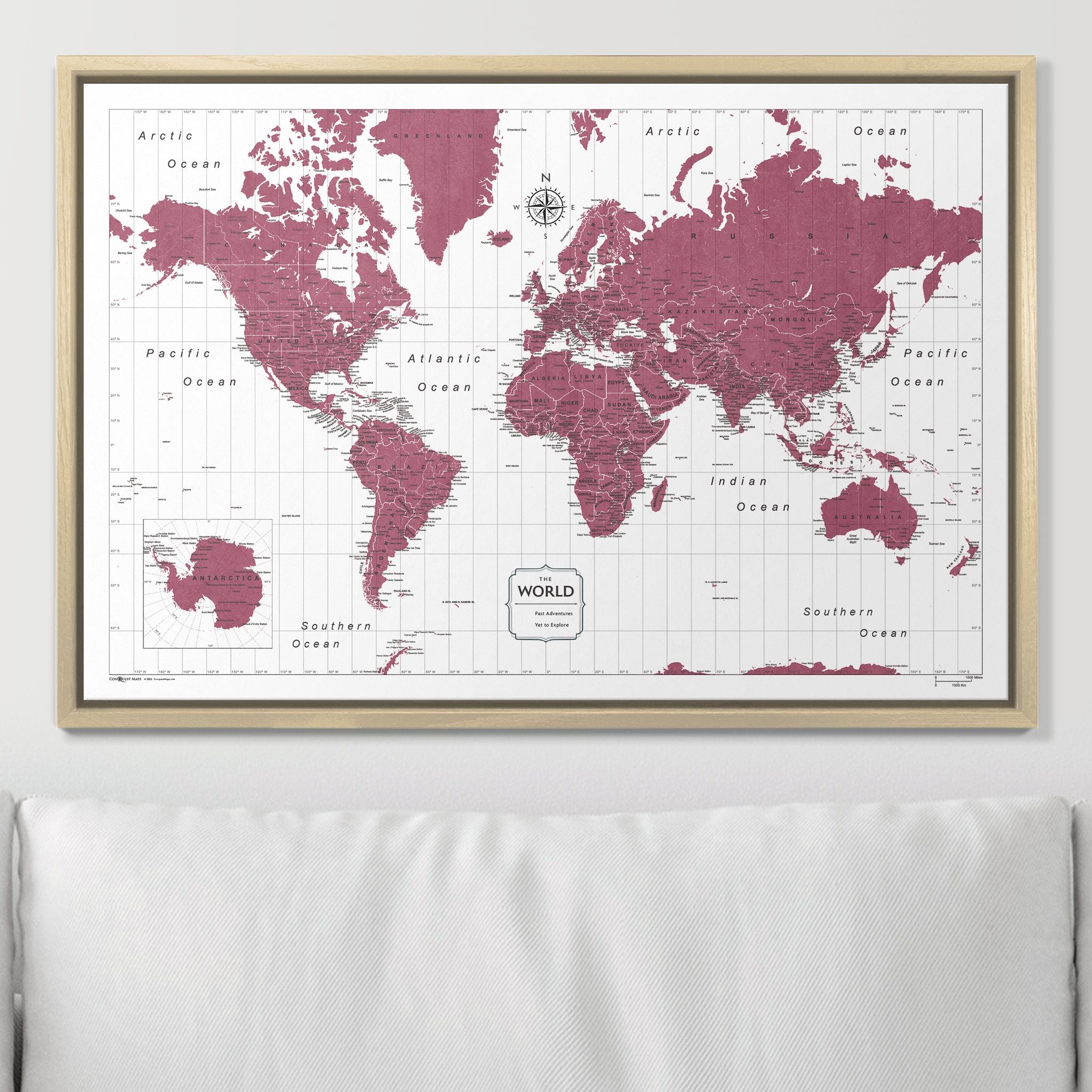 Push Pin World Map (Pin Board) - Burgundy Color Splash CM Pin Board