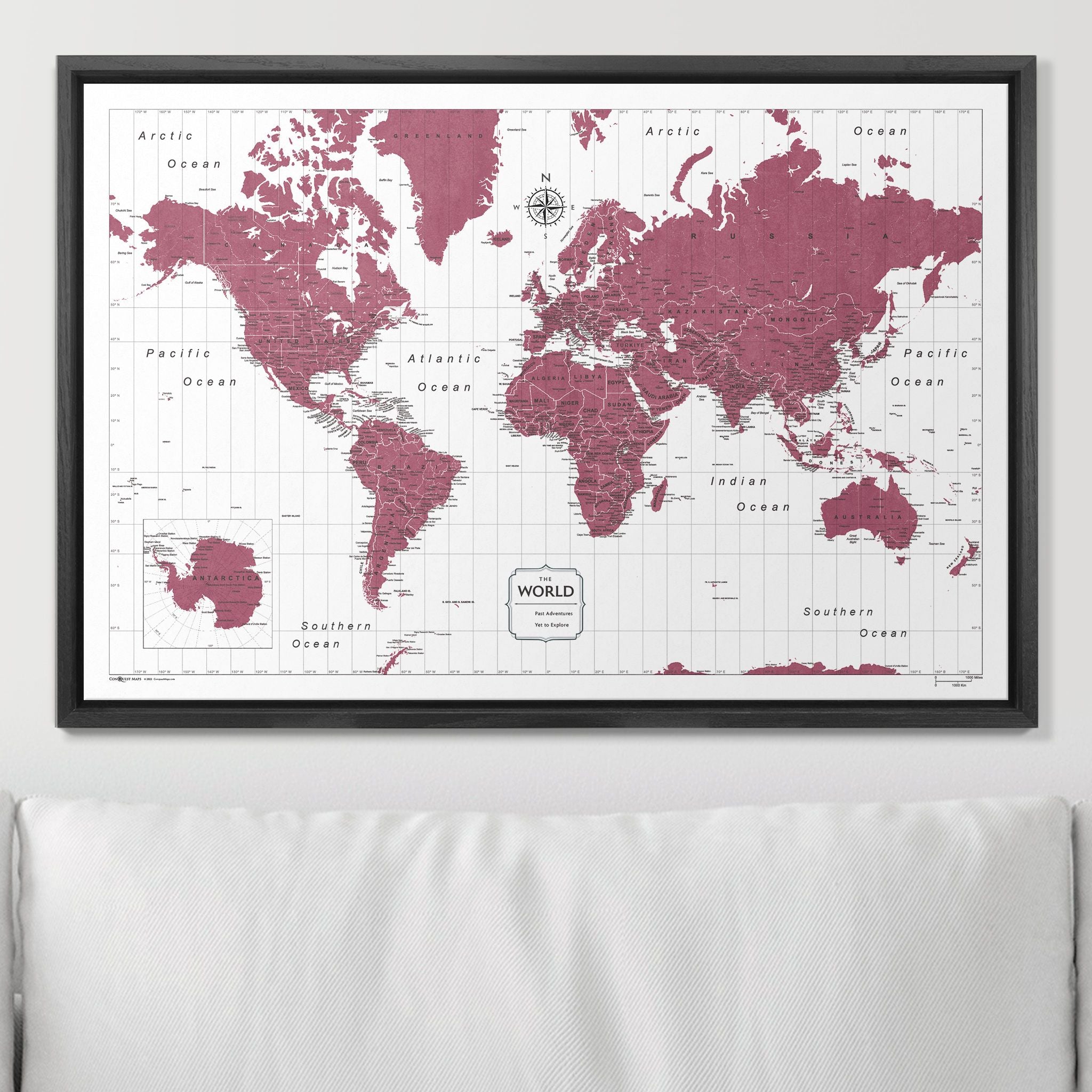 Push Pin World Map (Pin Board) - Burgundy Color Splash CM Pin Board