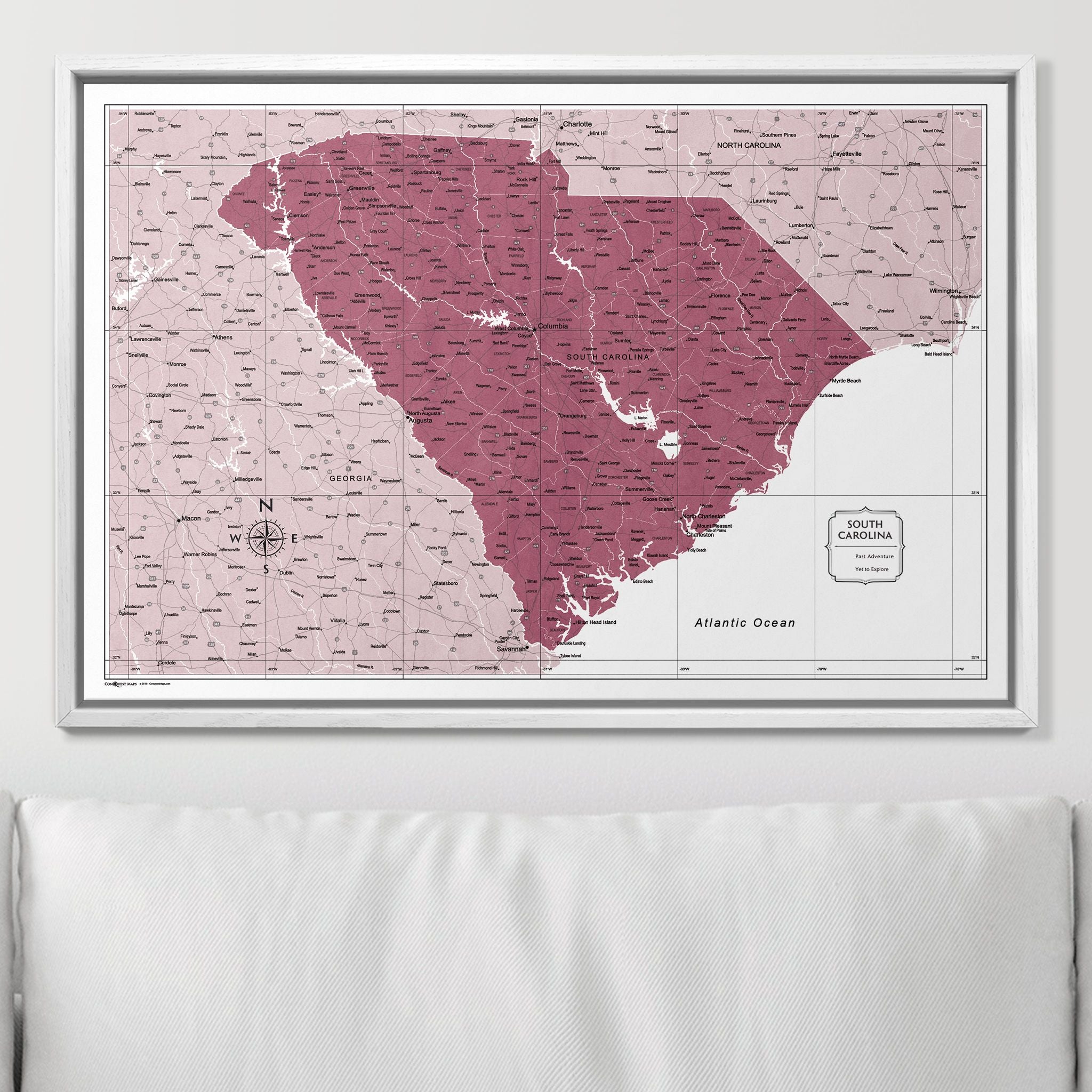 Push Pin South Carolina Map (Pin Board) - Burgundy Color Splash CM Pin Board