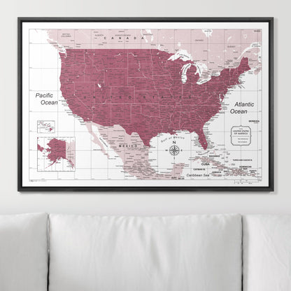 Push Pin USA Map (Pin Board) - Burgundy Color Splash CM Pin Board