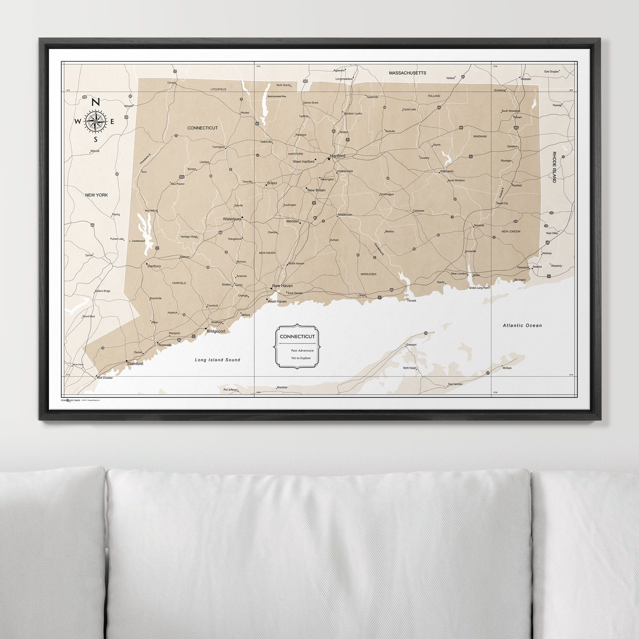 Push Pin Connecticut Map (Pin Board) - Light Brown Color Splash CM Pin Board