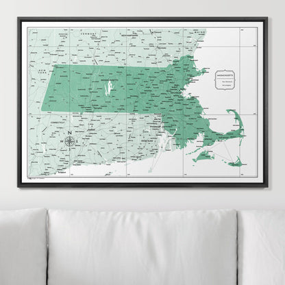 Push Pin Massachusetts Map (Pin Board) - Green Color Splash CM Pin Board