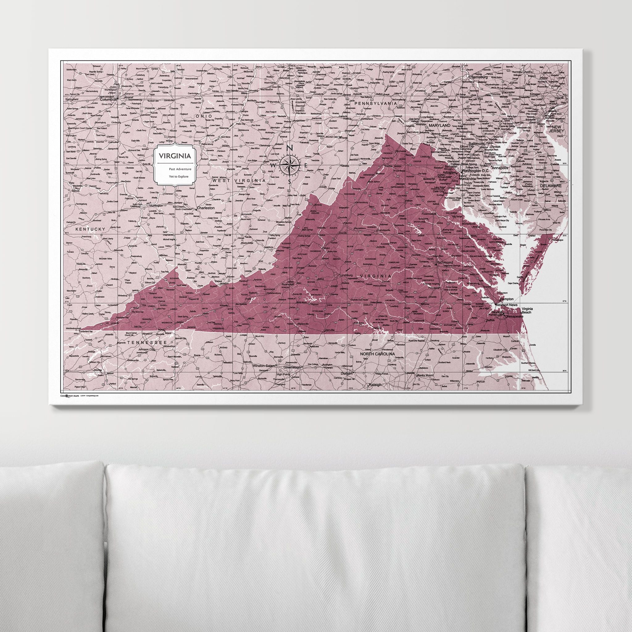 Push Pin Virginia Map (Pin Board) - Burgundy Color Splash CM Pin Board