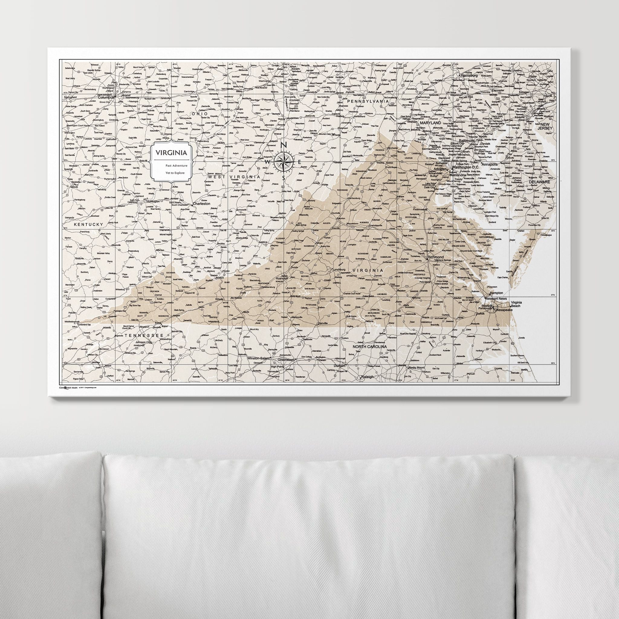 Push Pin Virginia Map (Pin Board) - Light Brown Color Splash CM Pin Board