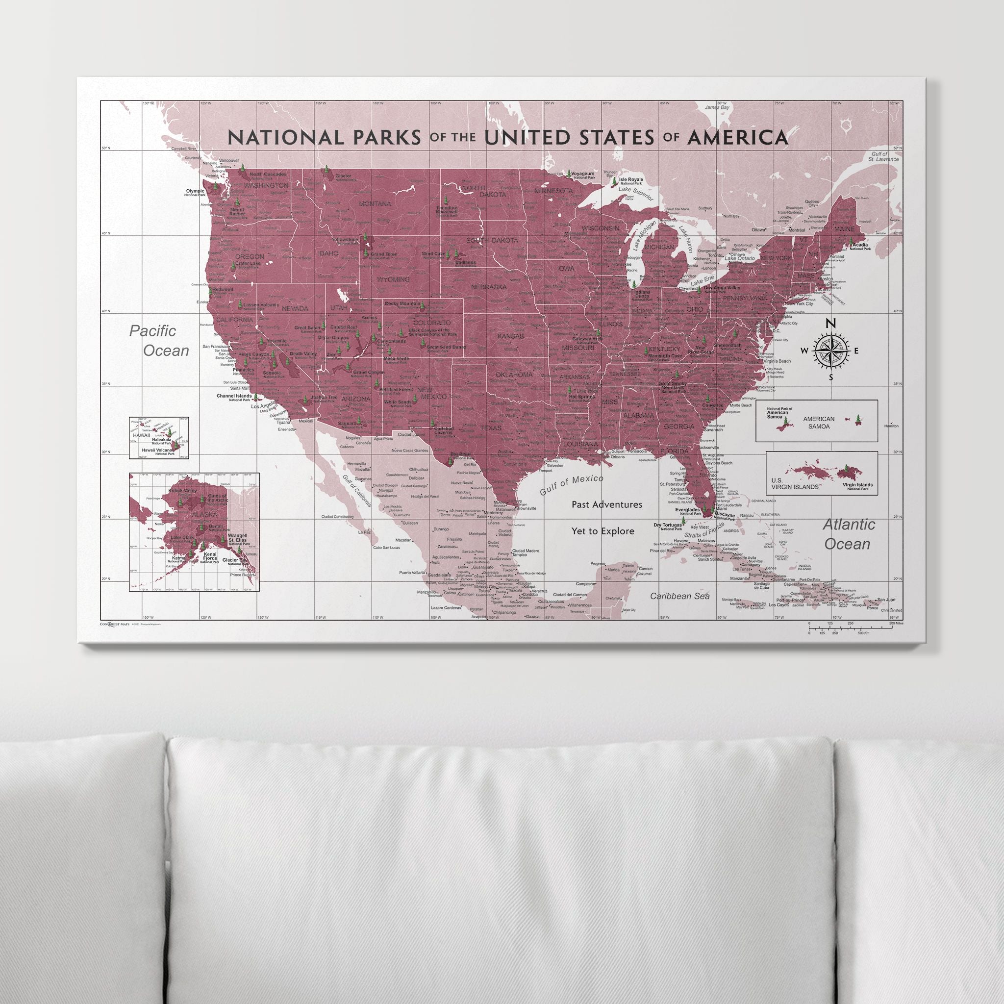 Push Pin National Parks Map (Pin Board) - Burgundy Color Splash CM Pin Board