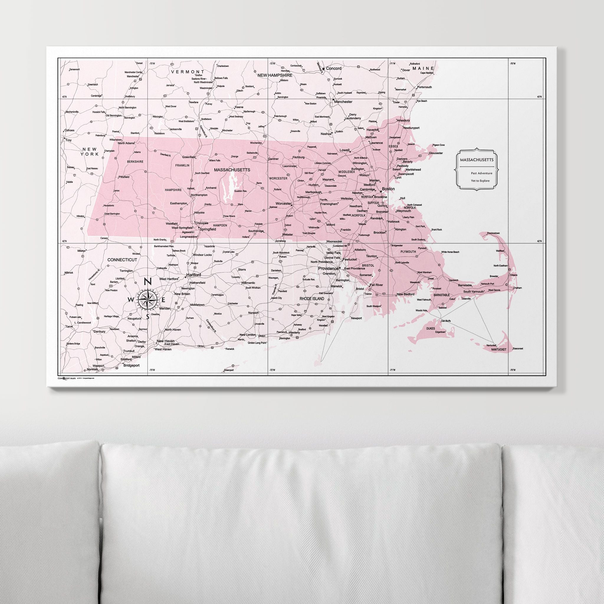 Push Pin Massachusetts Map (Pin Board) - Pink Color Splash CM Pin Board