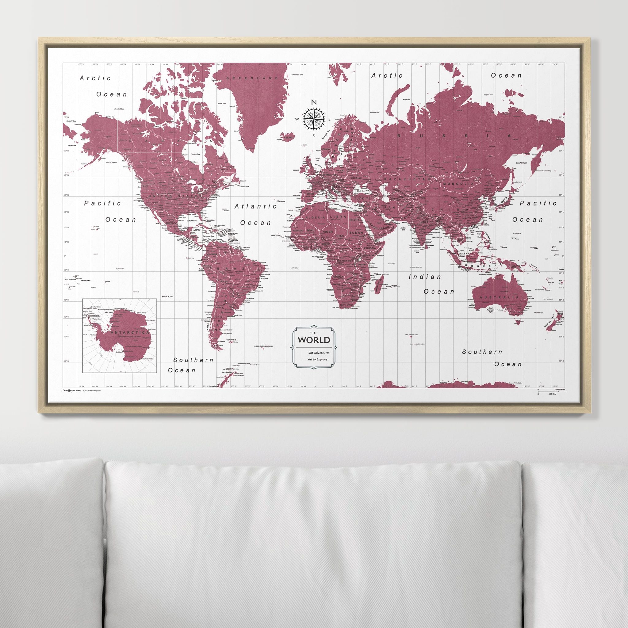 Push Pin World Map (Pin Board) - Burgundy Color Splash CM Pin Board