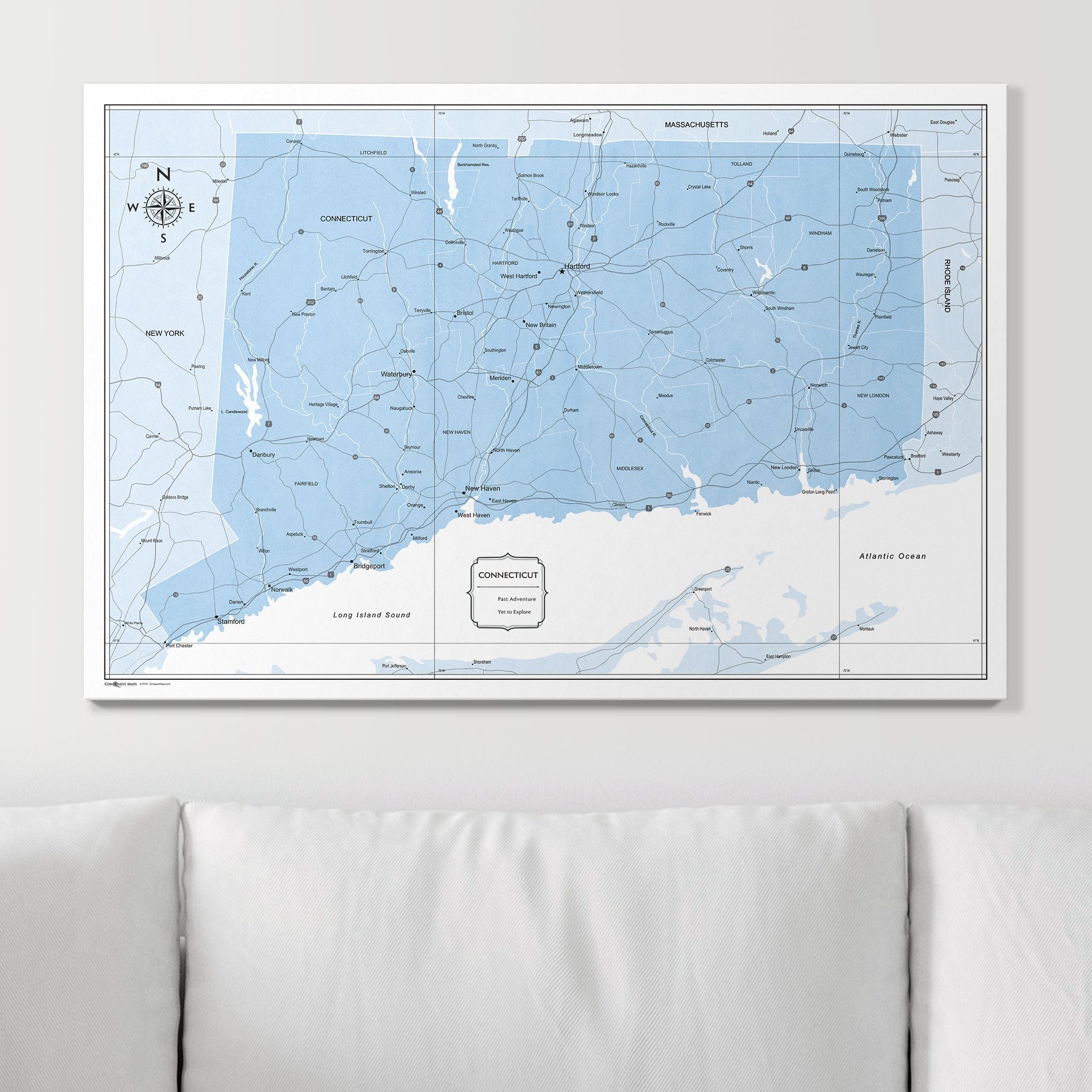 Push Pin Connecticut Map (Pin Board) - Light Blue Color Splash CM Pin Board