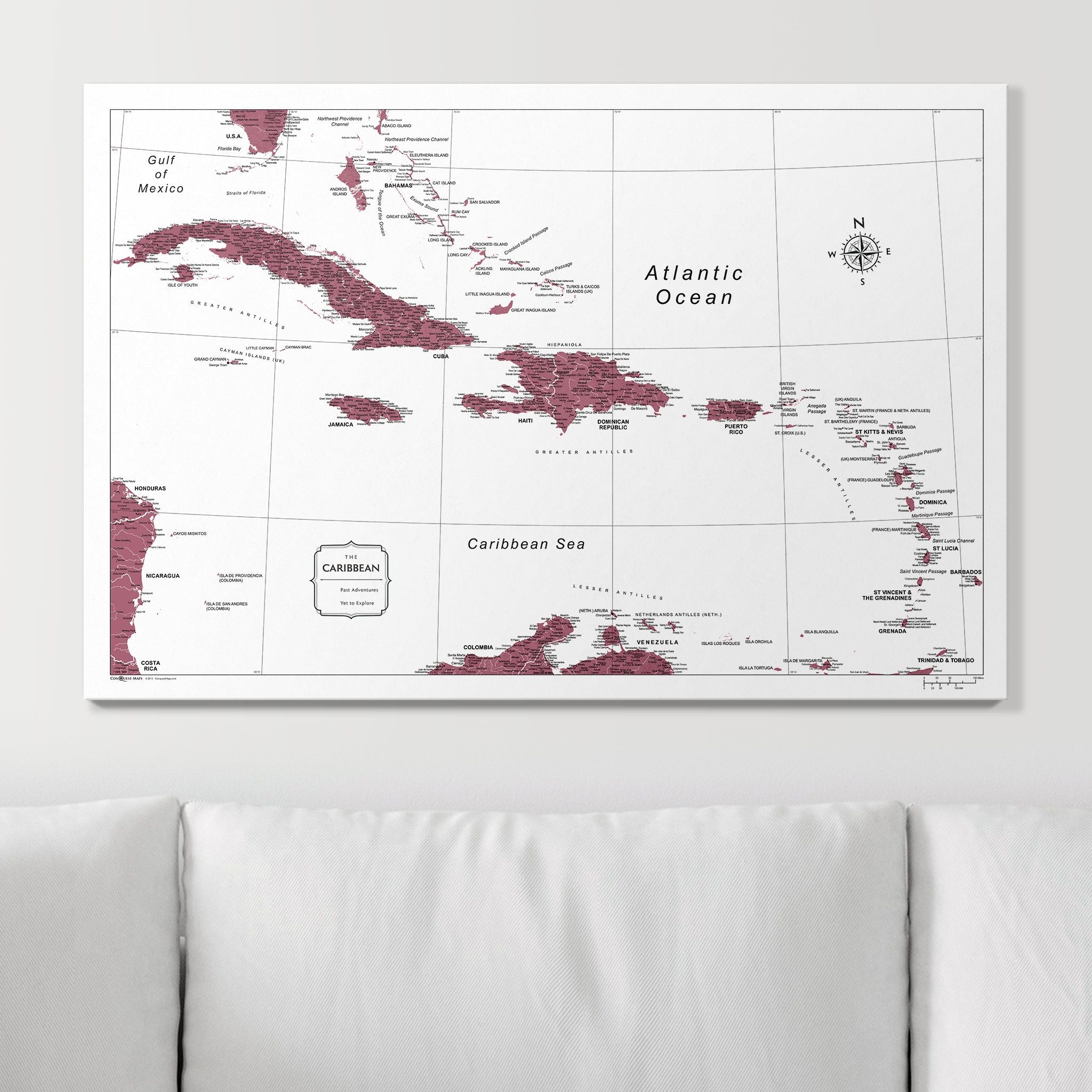 Push Pin Caribbean Map (Pin Board) - Burgundy Color Splash CM Pin Board