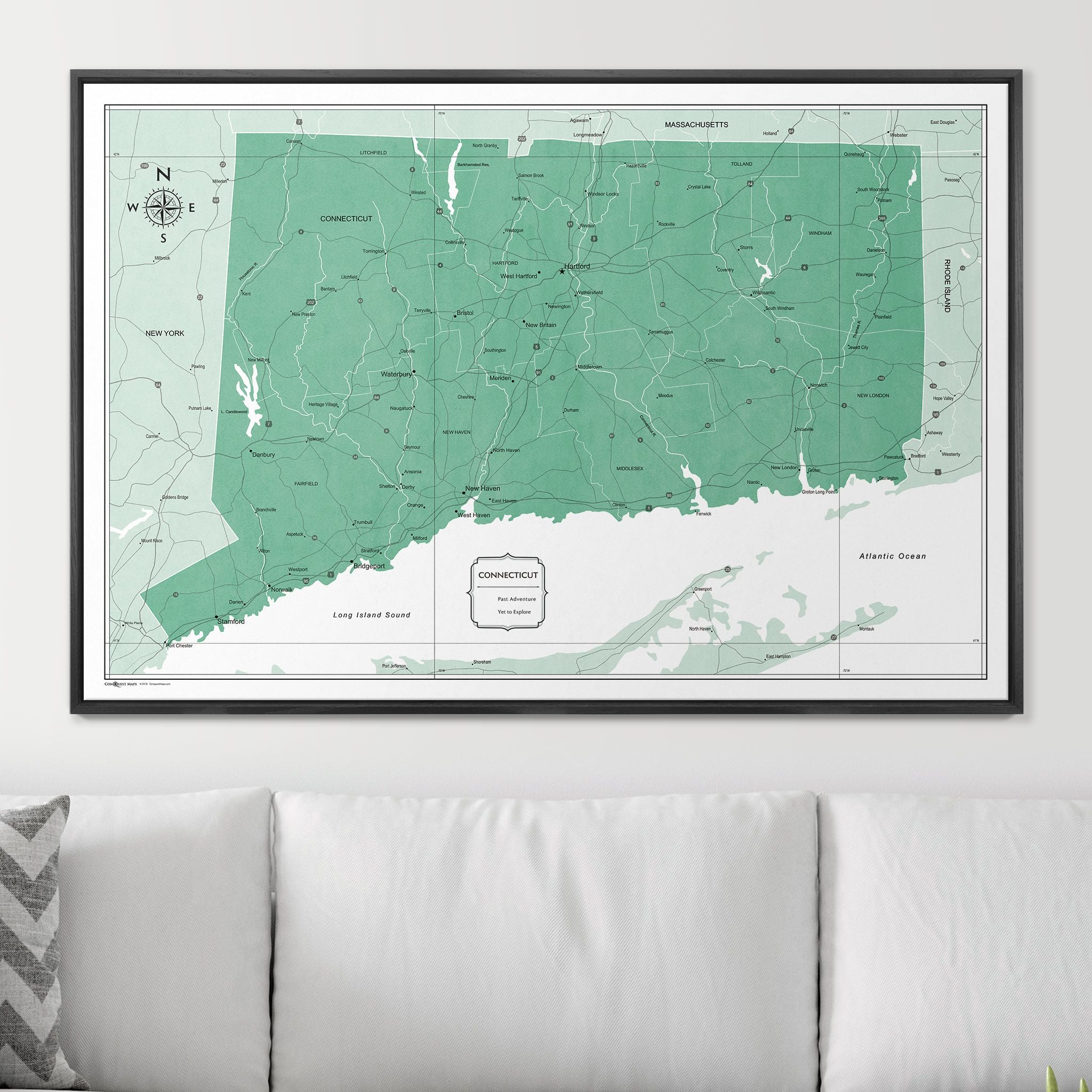 Push Pin Connecticut Map (Pin Board) - Green Color Splash CM Pin Board