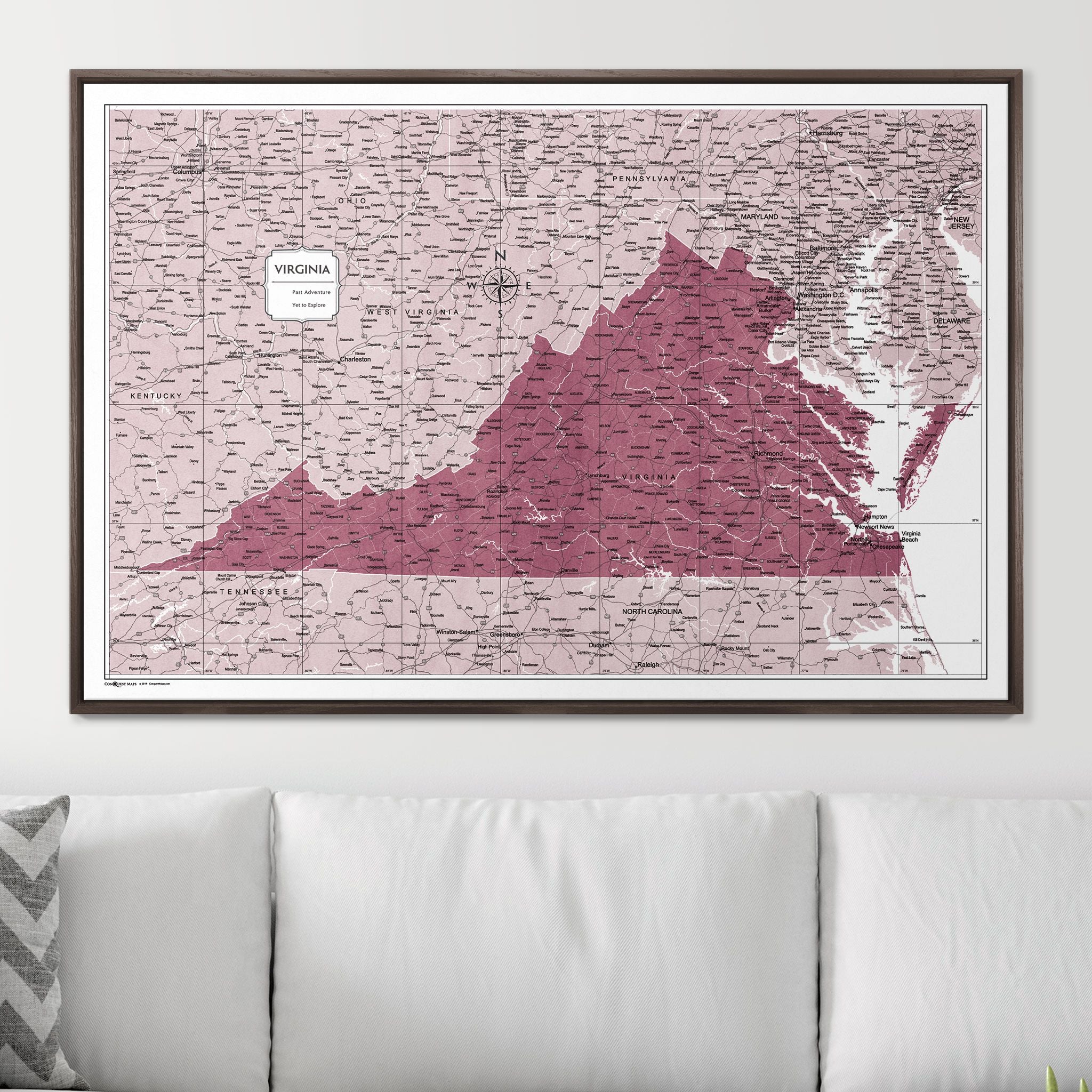 Push Pin Virginia Map (Pin Board) - Burgundy Color Splash CM Pin Board