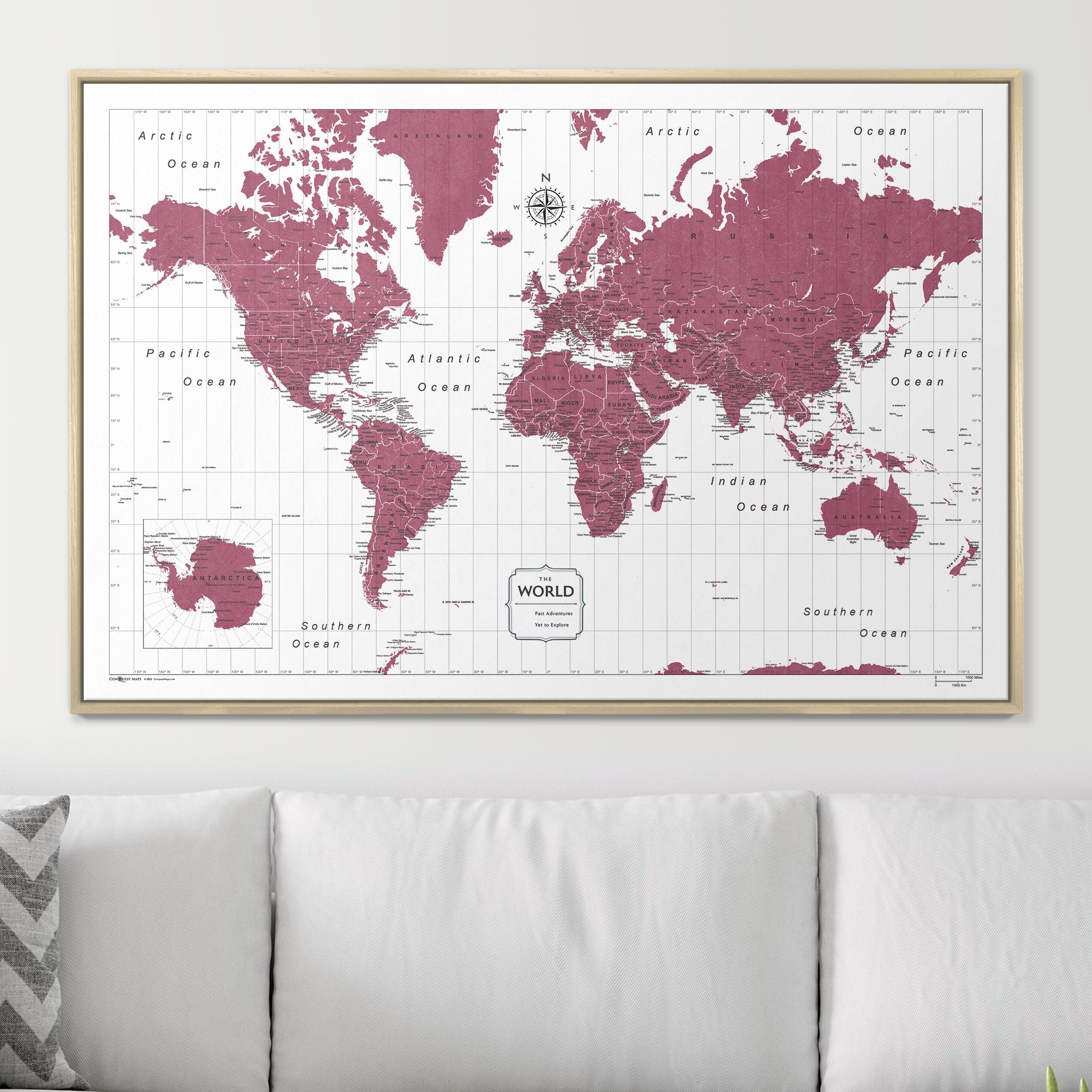 Push Pin World Map (Pin Board) - Burgundy Color Splash CM Pin Board