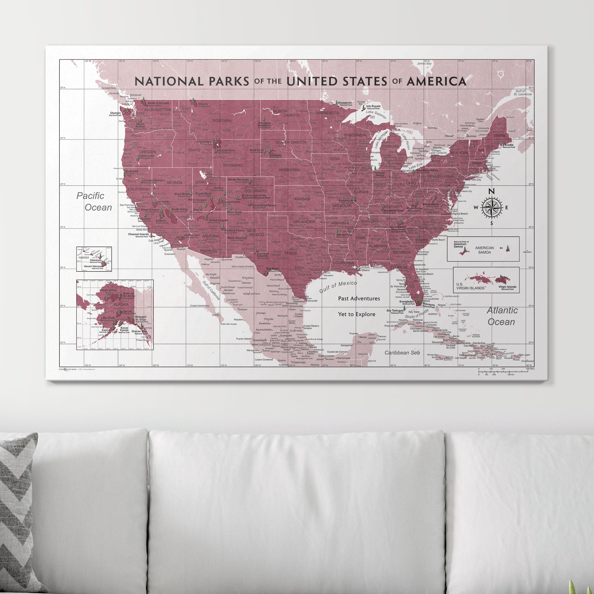 Push Pin National Parks Map (Pin Board) - Burgundy Color Splash CM Pin Board