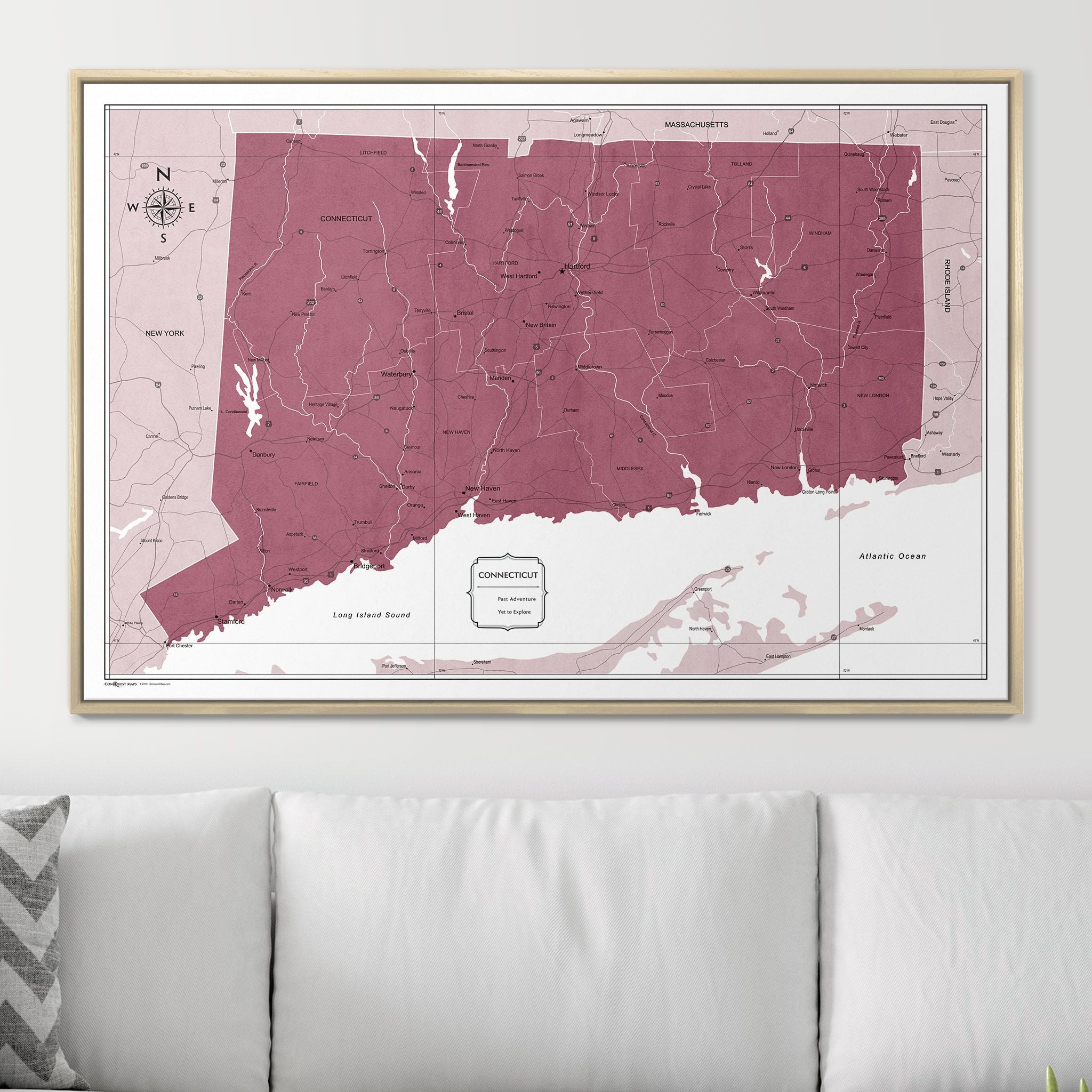 Push Pin Connecticut Map (Pin Board) - Burgundy Color Splash CM Pin Board