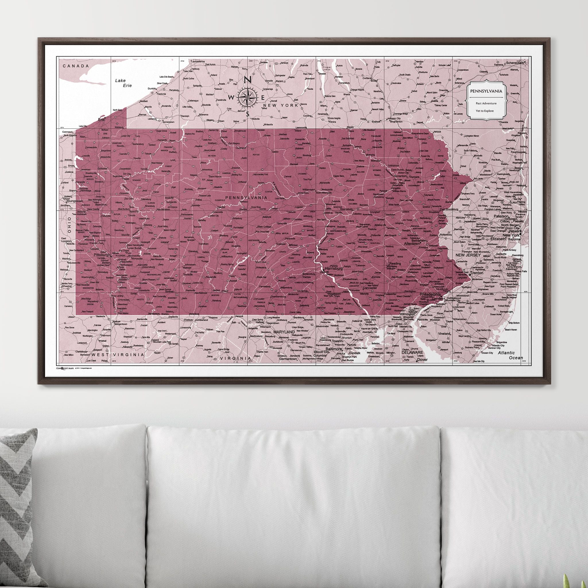 Push Pin Pennsylvania Map (Pin Board) - Burgundy Color Splash CM Pin Board