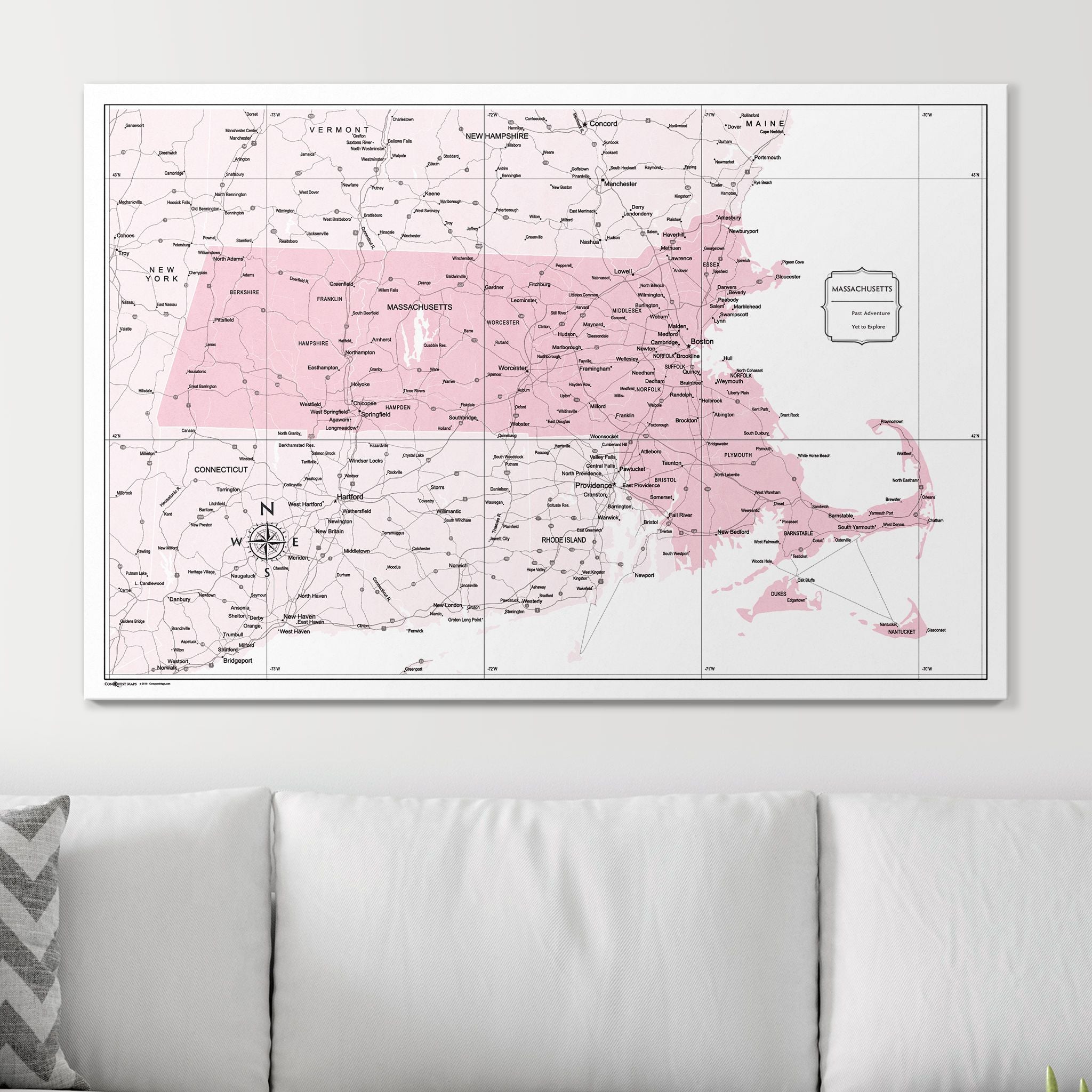 Push Pin Massachusetts Map (Pin Board) - Pink Color Splash CM Pin Board