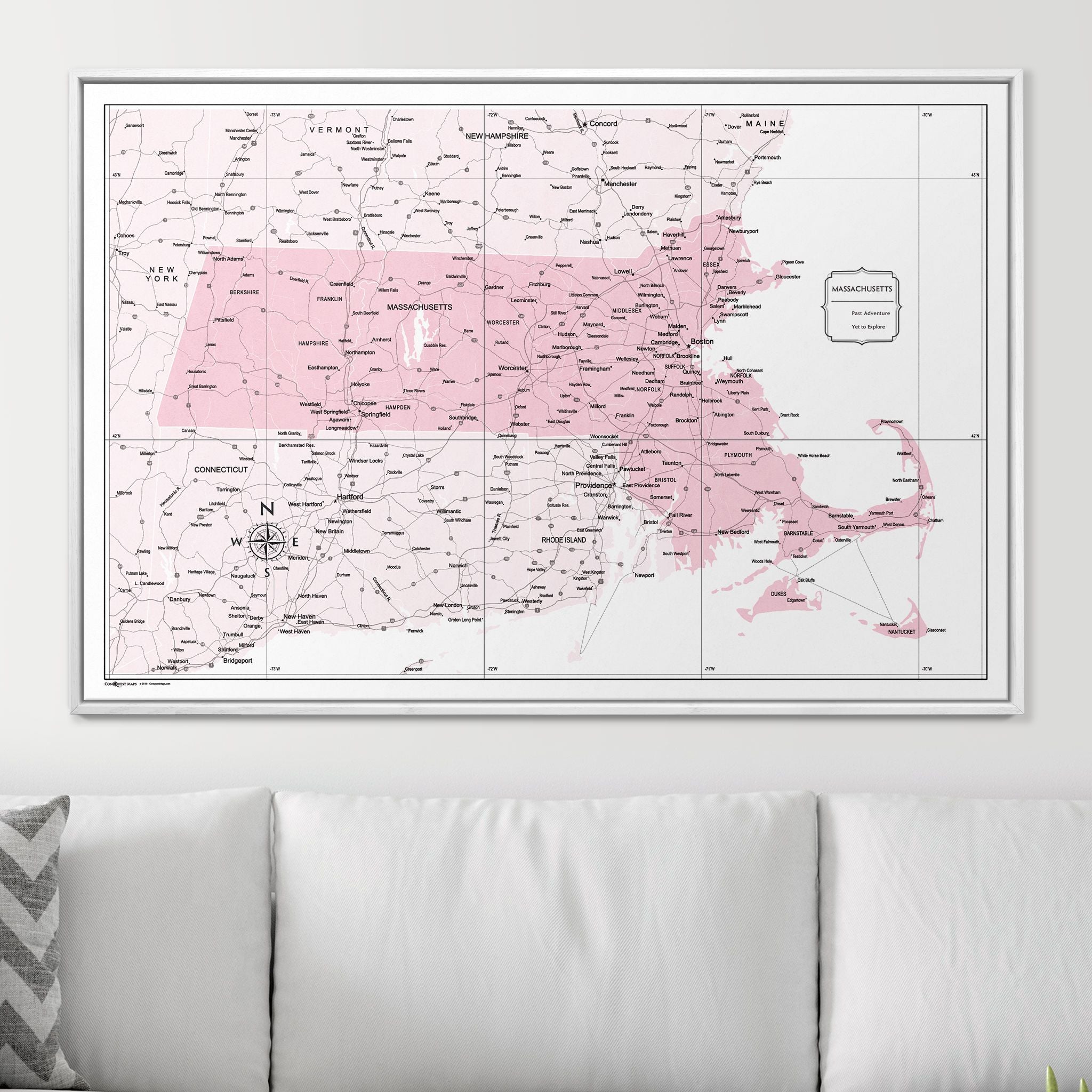 Push Pin Massachusetts Map (Pin Board) - Pink Color Splash CM Pin Board