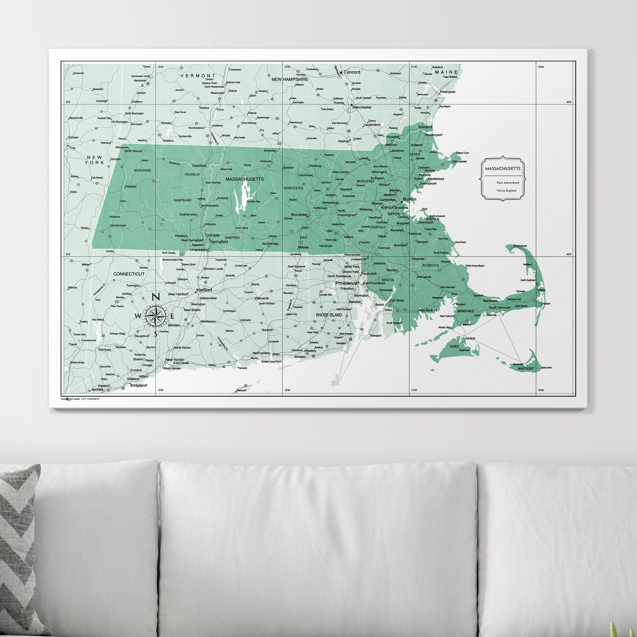 Push Pin Massachusetts Map (Pin Board) - Green Color Splash CM Pin Board