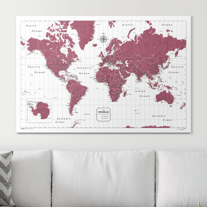 Push Pin World Map (Pin Board) - Burgundy Color Splash CM Pin Board