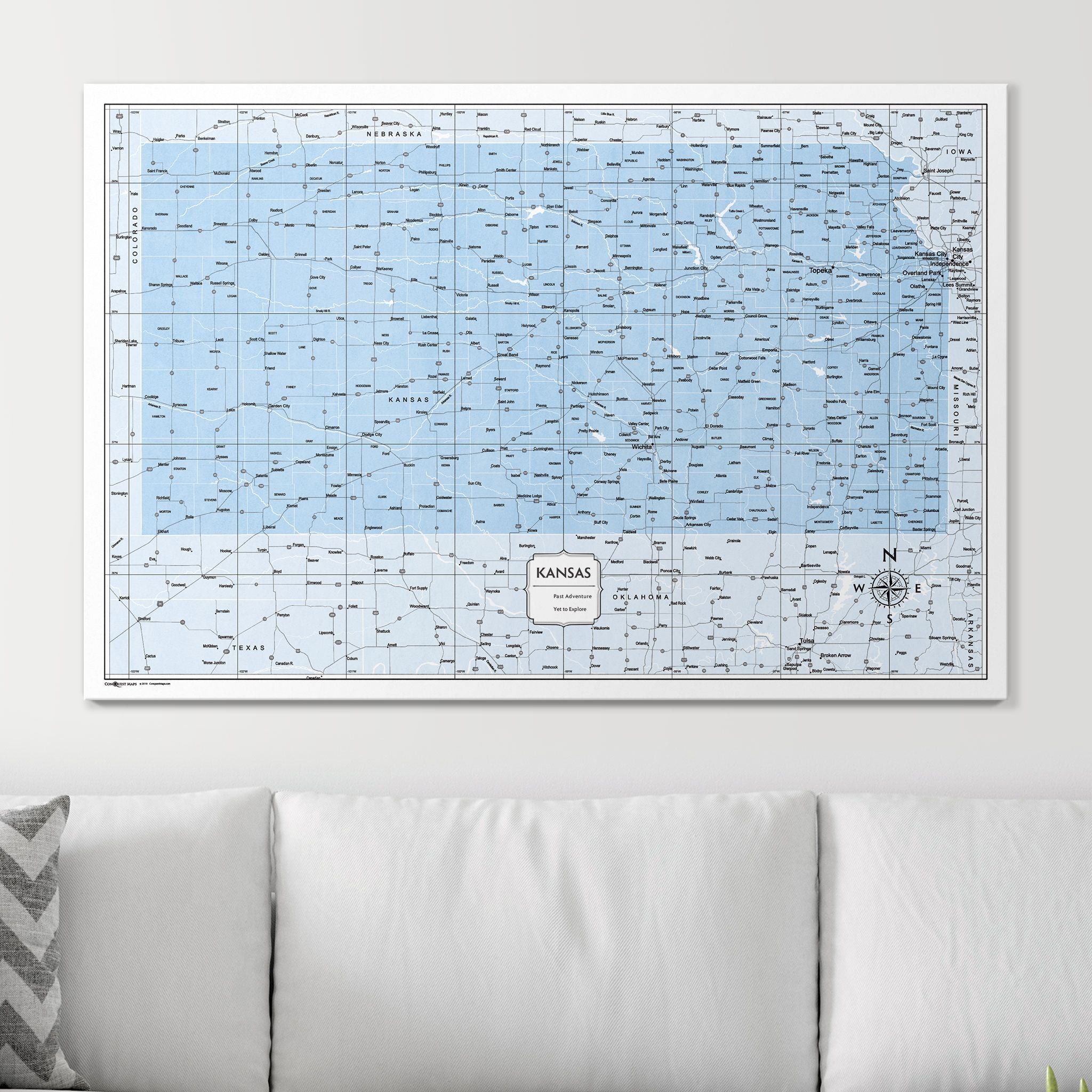 Push Pin Kansas Map (Pin Board) - Light Blue Color Splash CM Pin Board