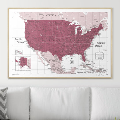 Push Pin USA Map (Pin Board) - Burgundy Color Splash CM Pin Board