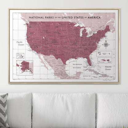 Push Pin National Parks Map (Pin Board) - Burgundy Color Splash CM Pin Board