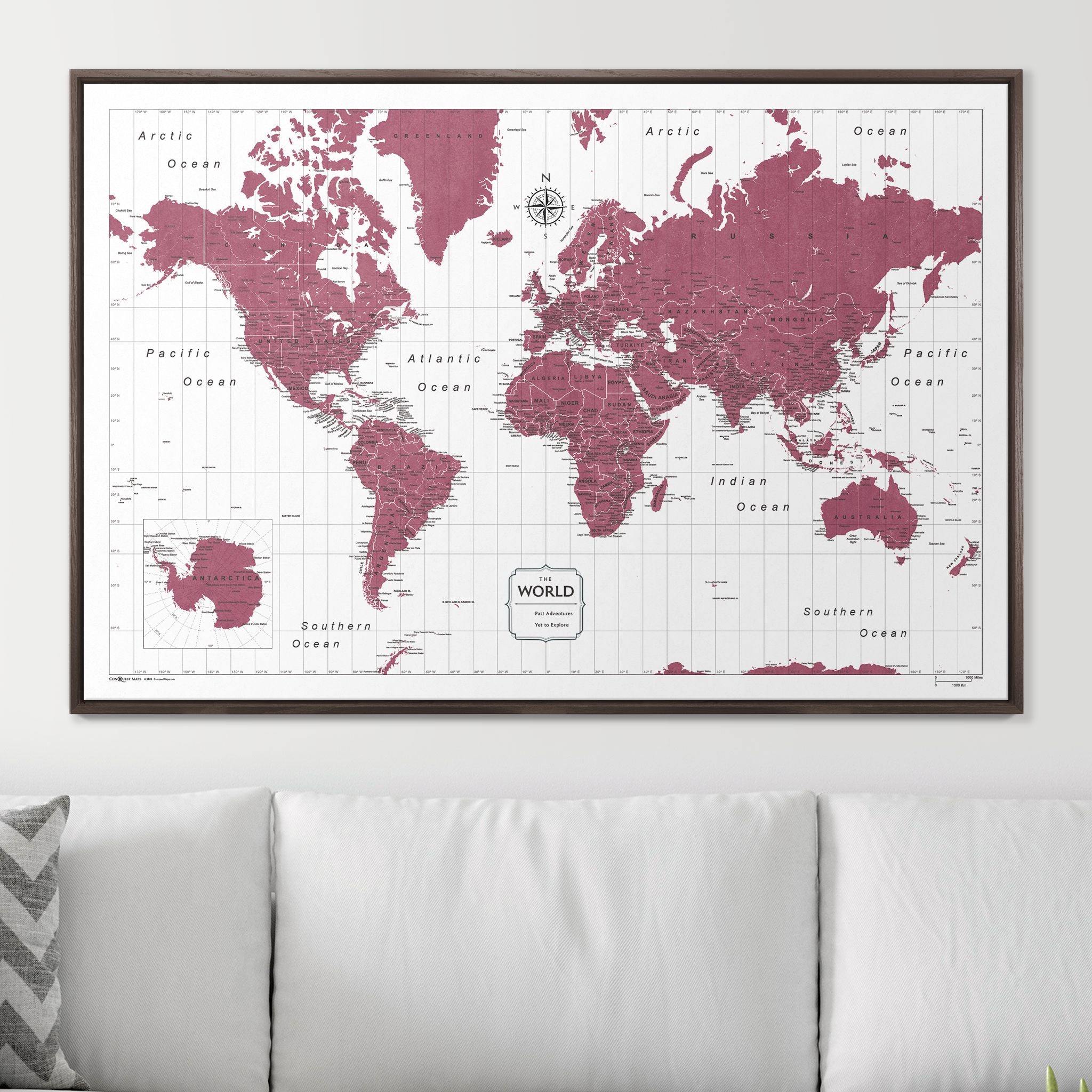 Push Pin World Map (Pin Board) - Burgundy Color Splash CM Pin Board