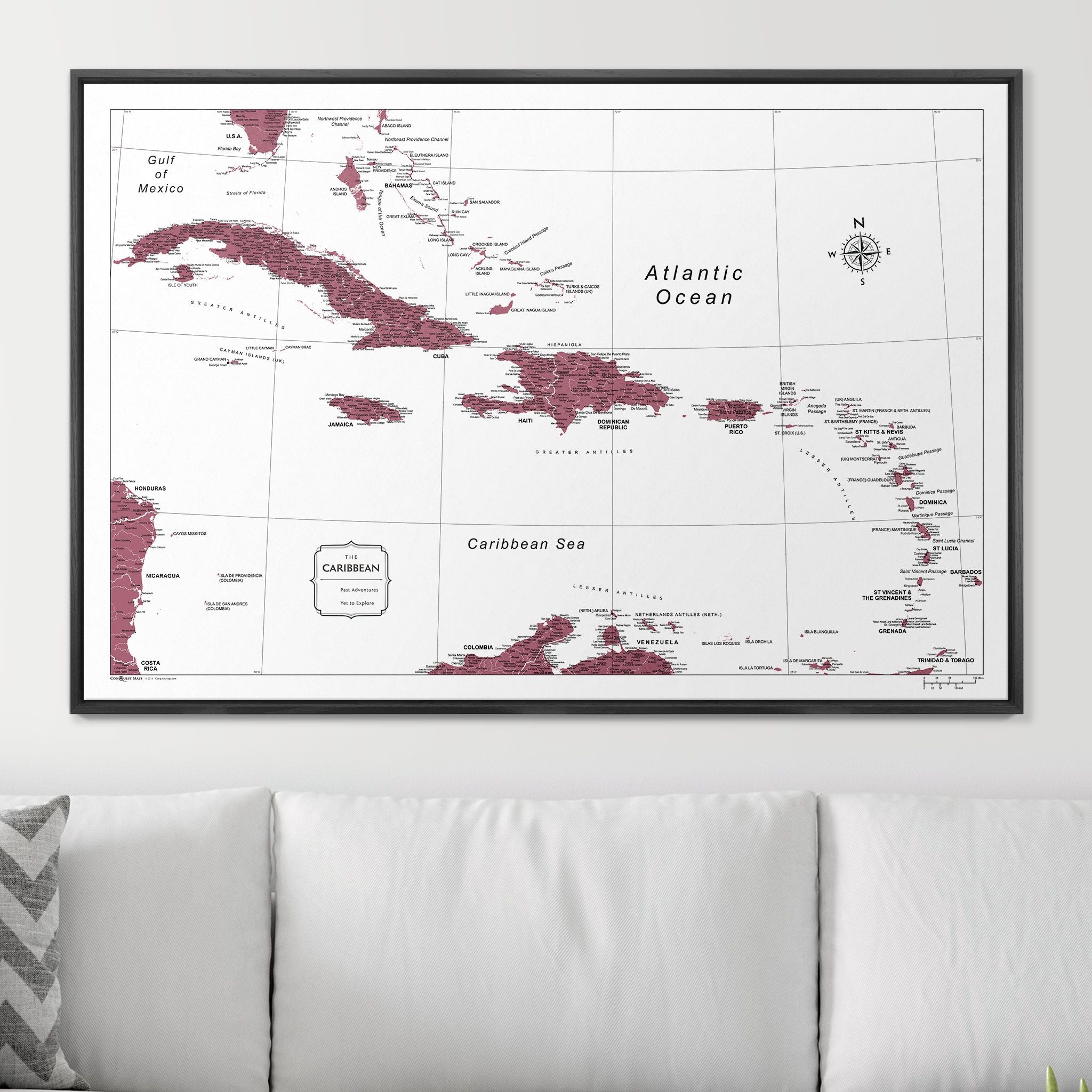 Push Pin Caribbean Map (Pin Board) - Burgundy Color Splash CM Pin Board