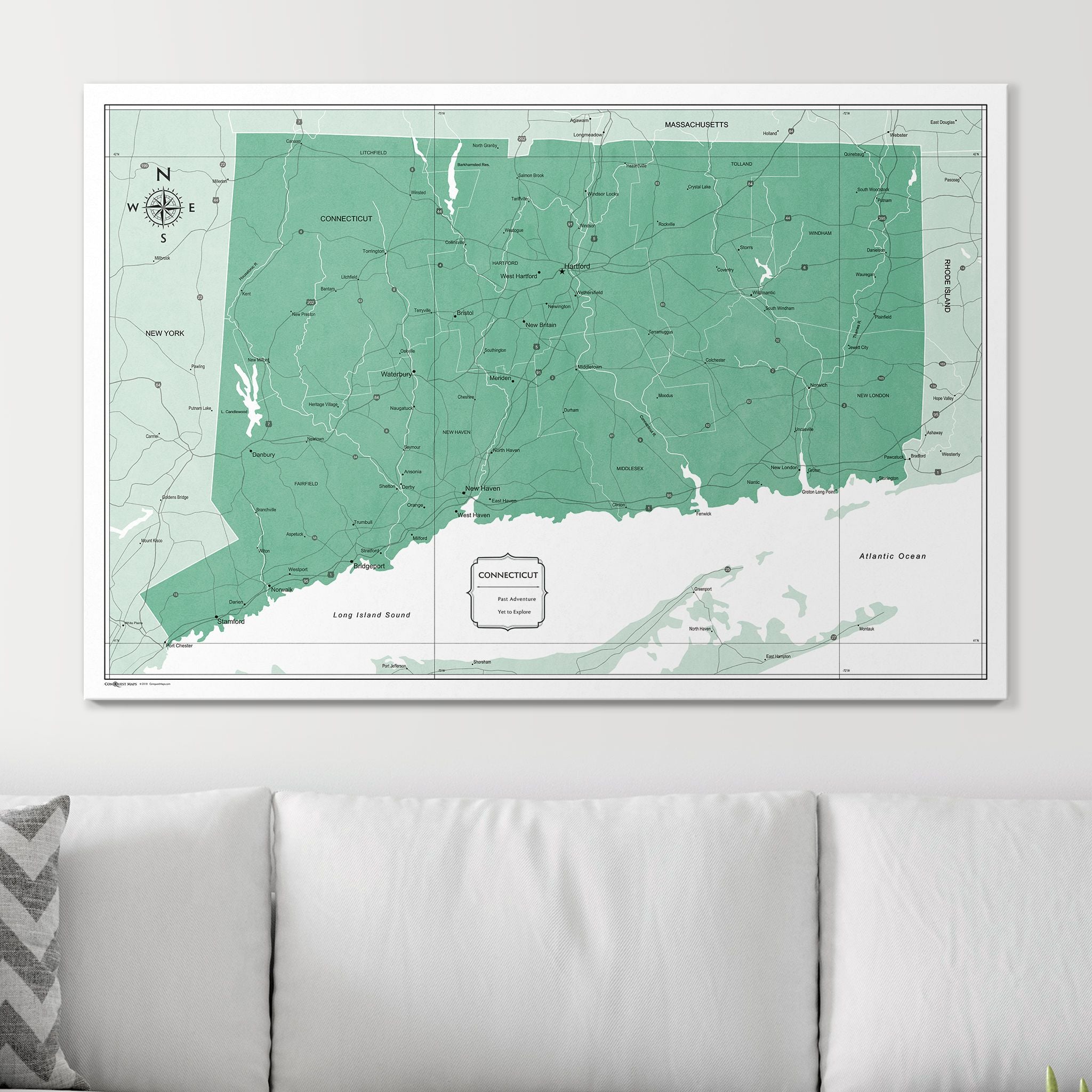 Push Pin Connecticut Map (Pin Board) - Green Color Splash CM Pin Board