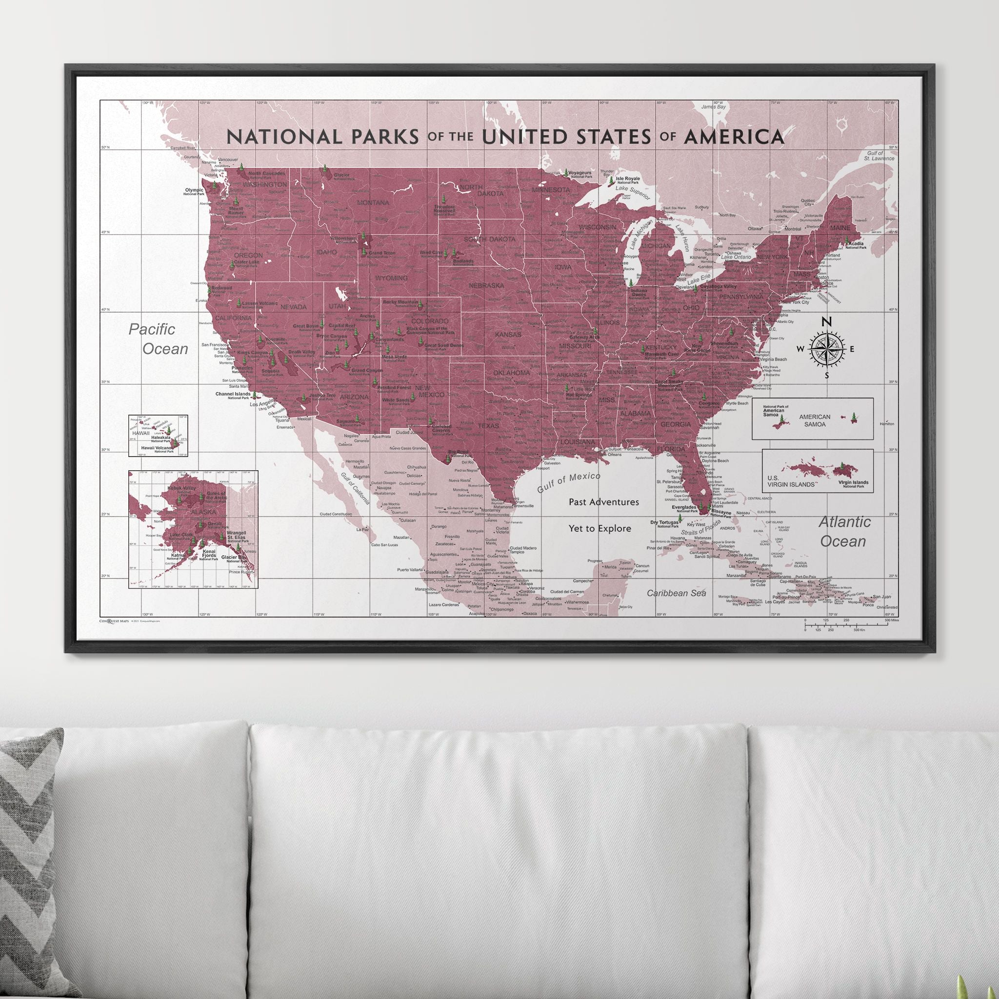 Push Pin National Parks Map (Pin Board) - Burgundy Color Splash CM Pin Board