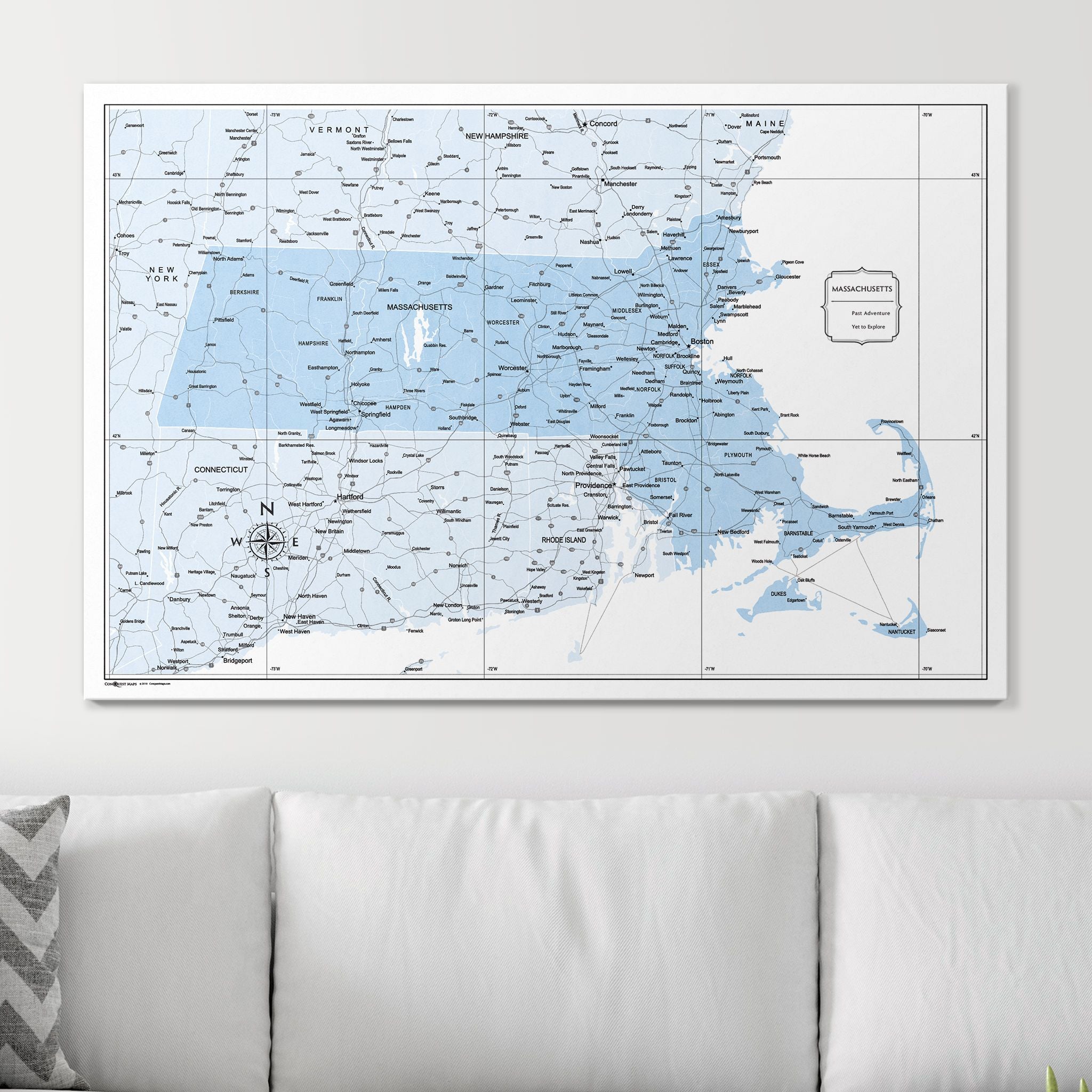 Push Pin Massachusetts Map (Pin Board) - Light Blue Color Splash CM Pin Board