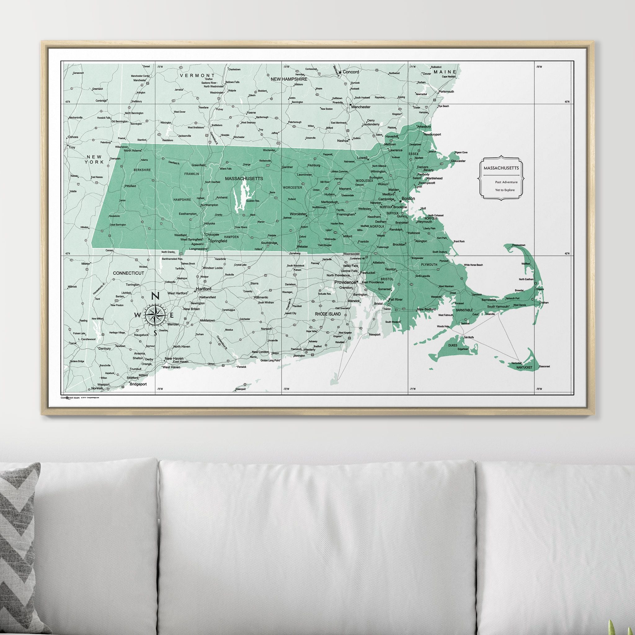 Push Pin Massachusetts Map (Pin Board) - Green Color Splash CM Pin Board