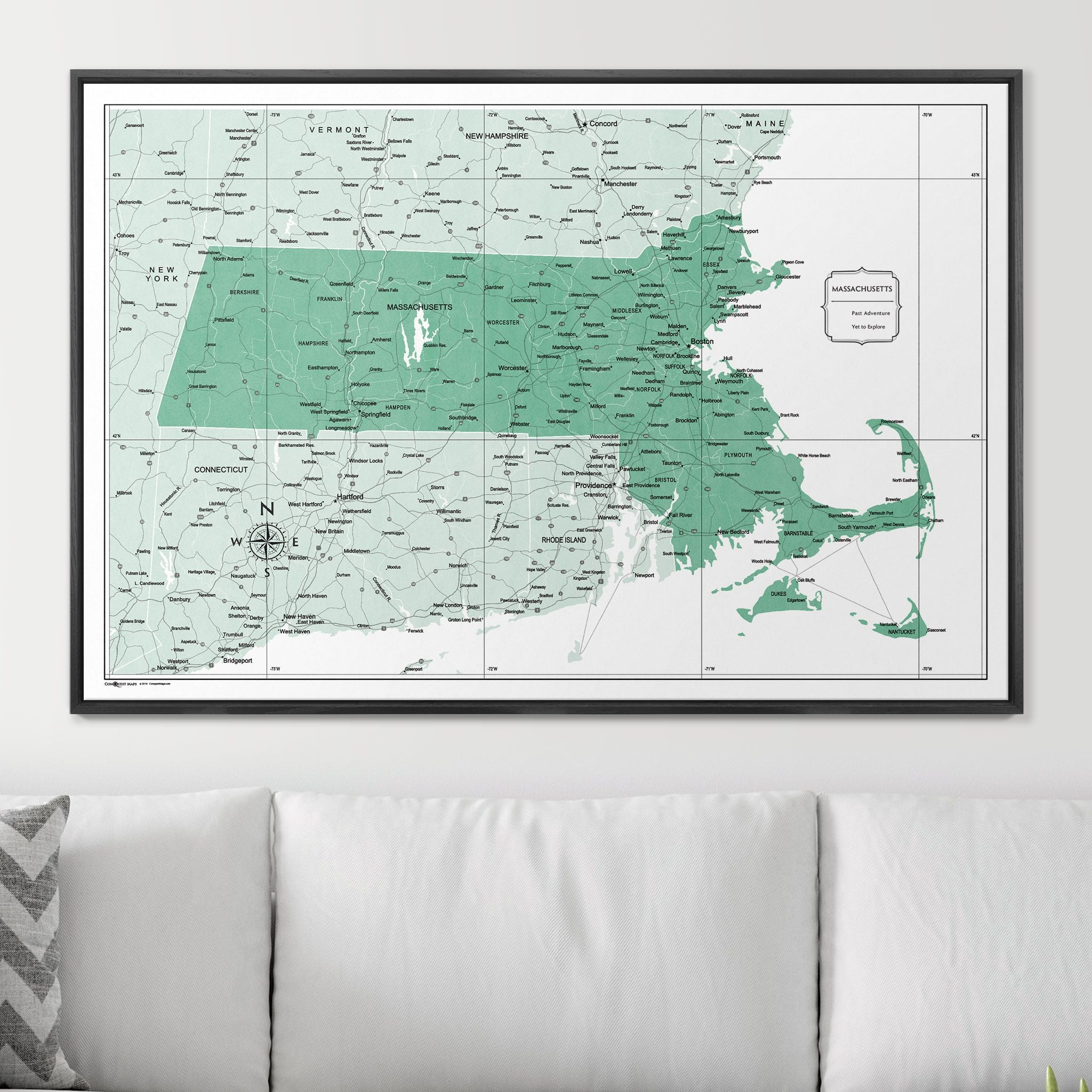 Push Pin Massachusetts Map (Pin Board) - Green Color Splash CM Pin Board