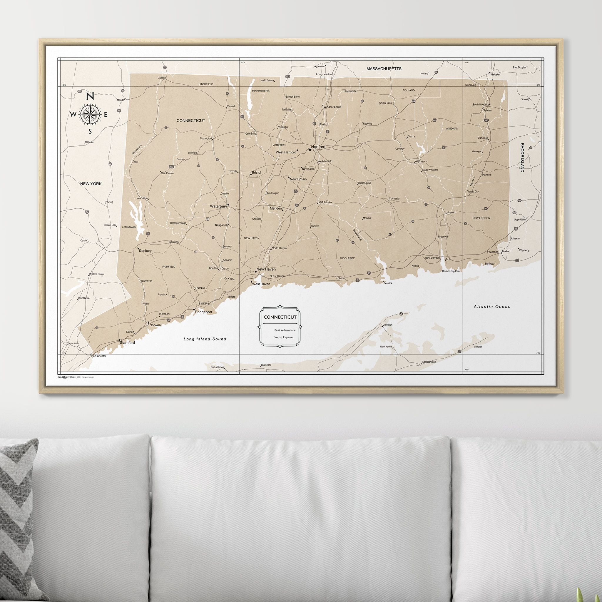 Push Pin Connecticut Map (Pin Board) - Light Brown Color Splash CM Pin Board